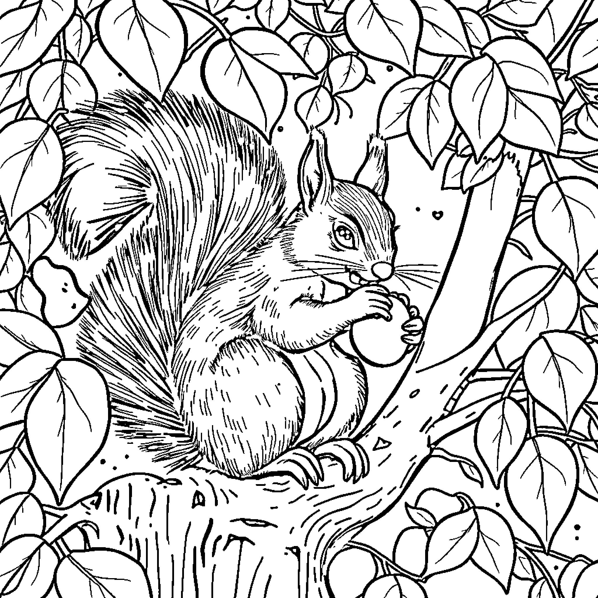Squirrel foraging amongst leaves and branches Coloring Page (free black-and-white line drawing printable PDF for all, from beginners to advanced learners, including children, teens, adults, and seniors)