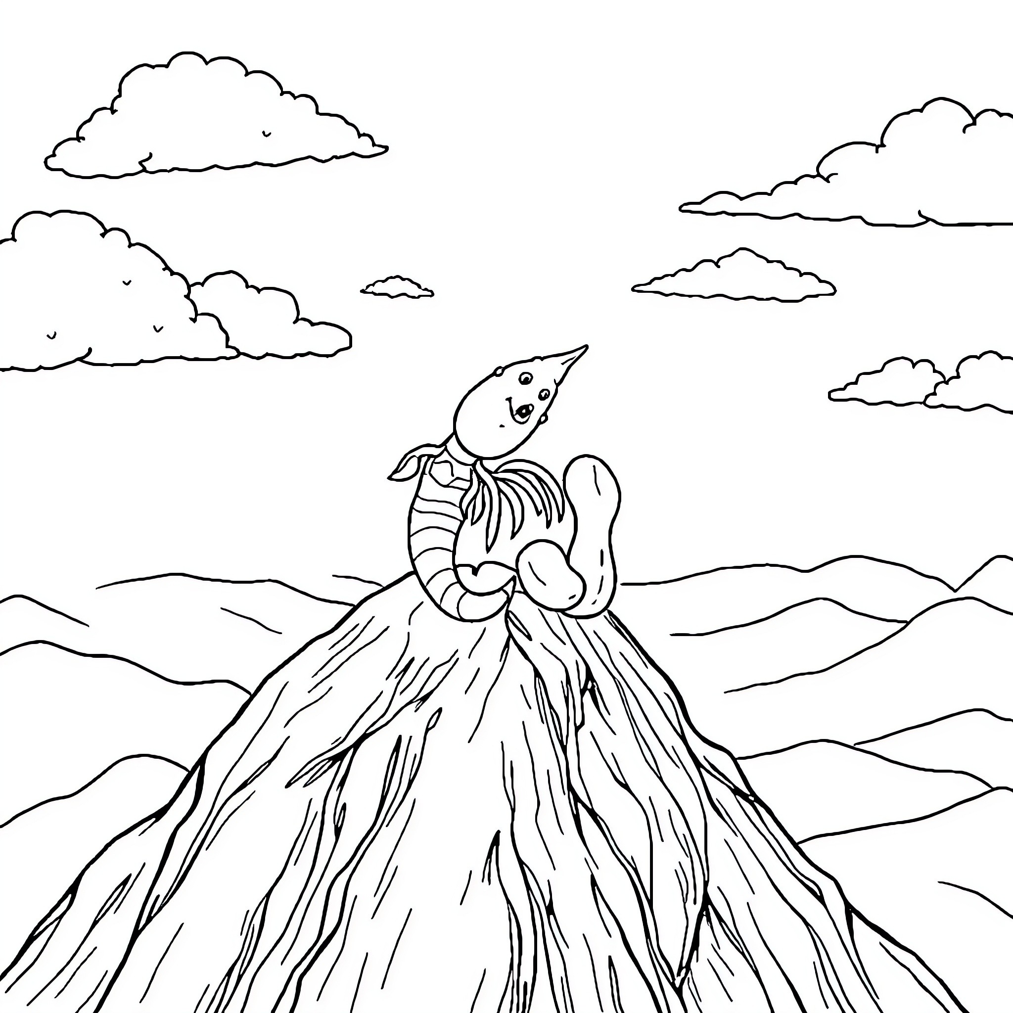 Pimento's Whimsical Mountain Adventure Coloring Page (free black-and-white line drawing printable PDF for all, from beginners to advanced learners, including children, teens, adults, and seniors)