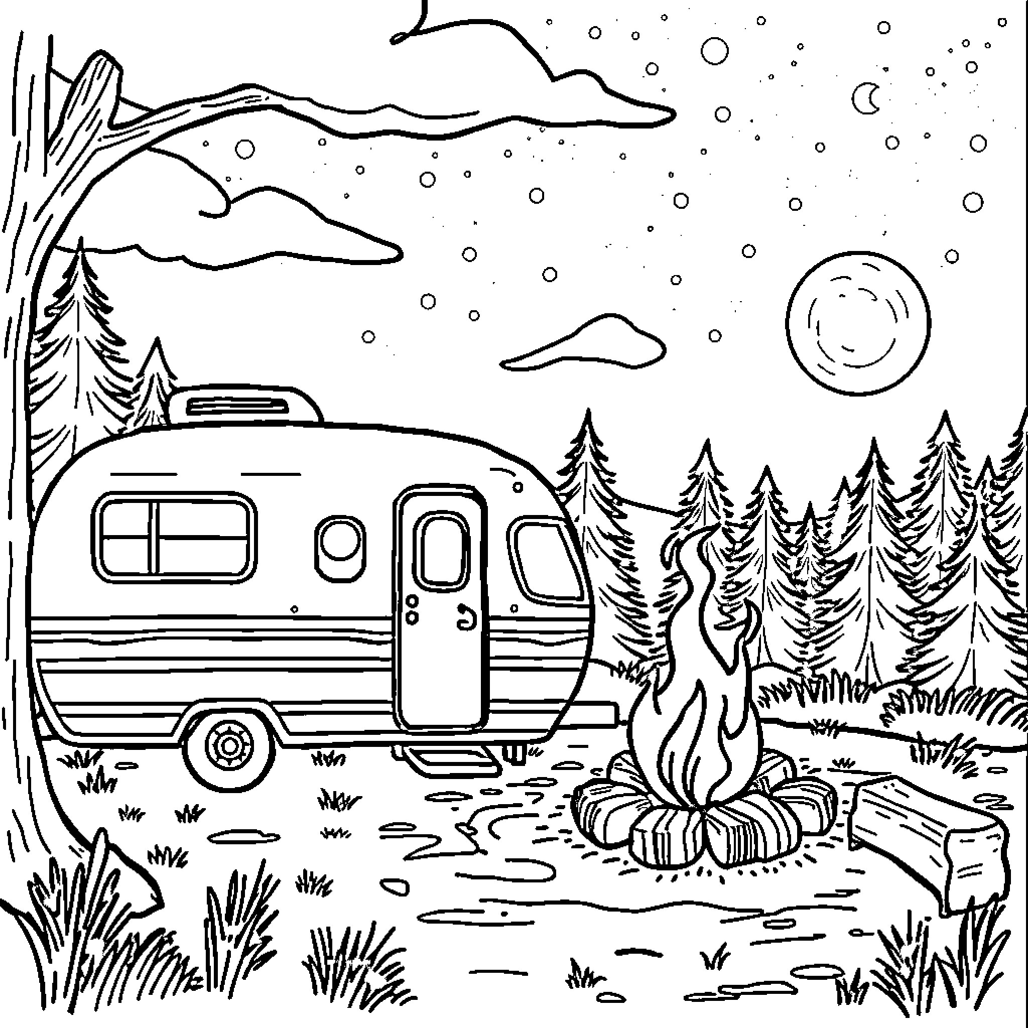 Camper relaxing by the campfire under the night sky Coloring Page (free black-and-white line drawing printable PDF for all, from beginners to advanced learners, including children, teens, adults, and seniors)