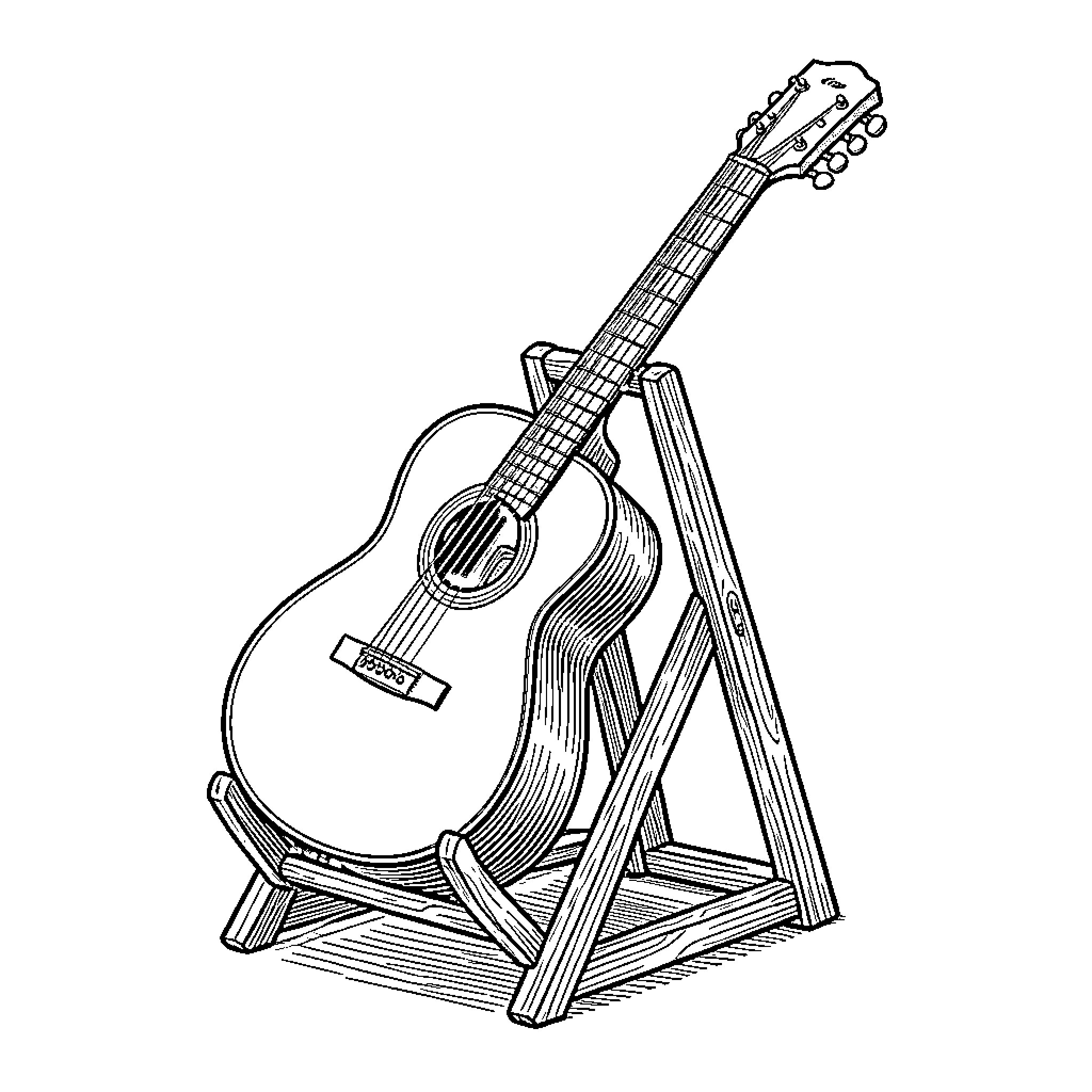 Guitar on wooden stand Coloring Page (free black-and-white line drawing printable PDF for all, from beginners to advanced learners, including children, teens, adults, and seniors)