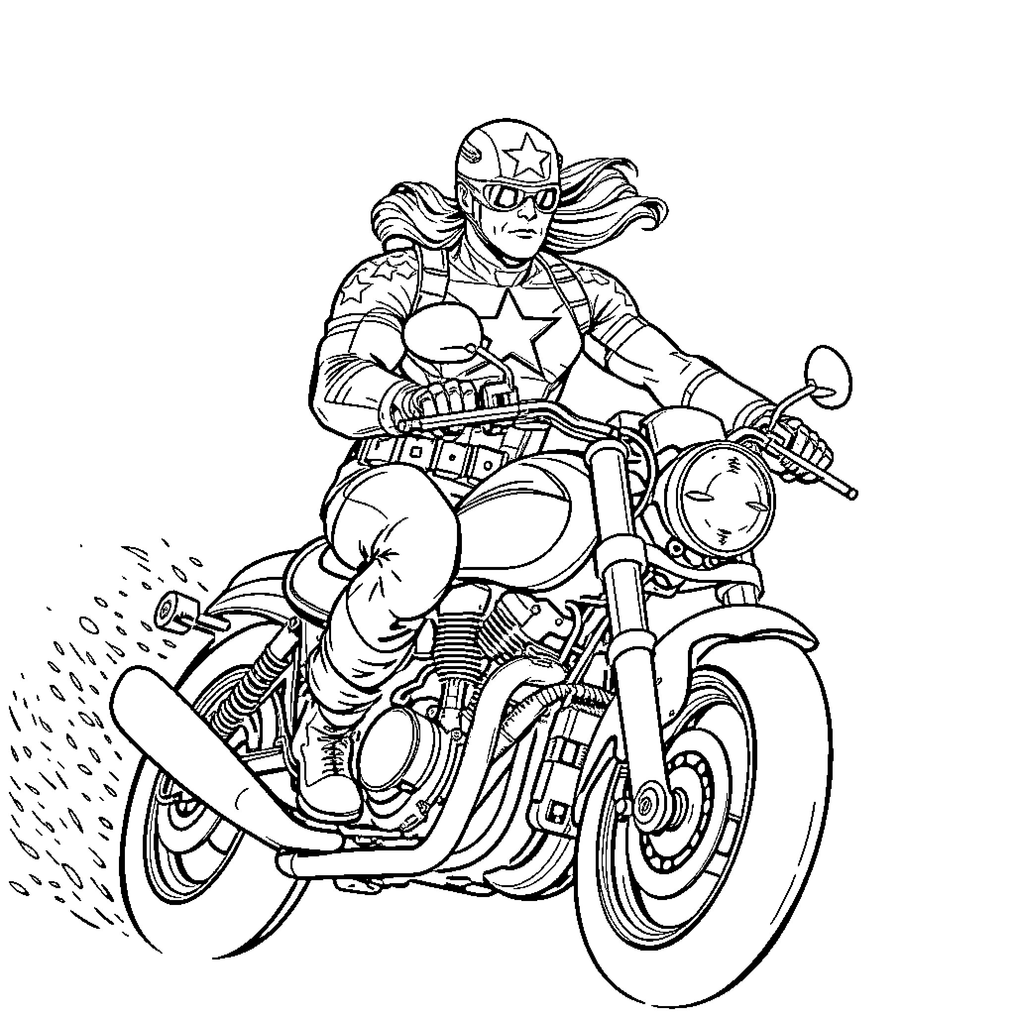 Captain America Riding a Powerful Motorcycle Coloring Page (free black-and-white line drawing printable PDF for all, from beginners to advanced learners, including children, teens, adults, and seniors)