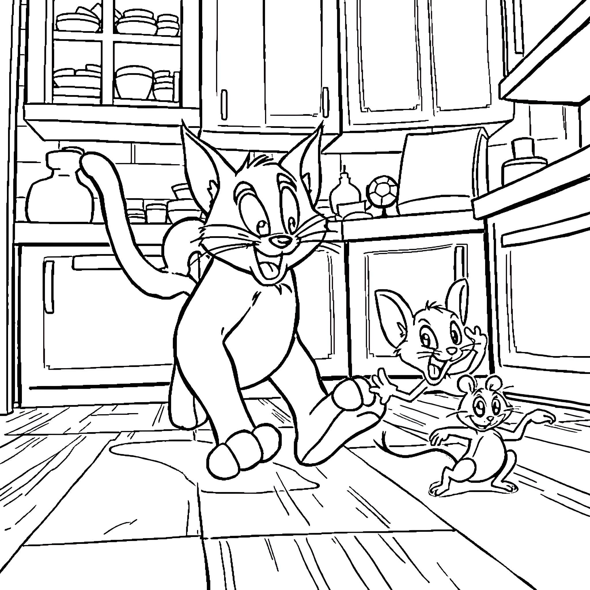 Tom and Jerry's Playful Kitchen Adventure Coloring Page (free black-and-white line drawing printable PDF for all, from beginners to advanced learners, including children, teens, adults, and seniors)