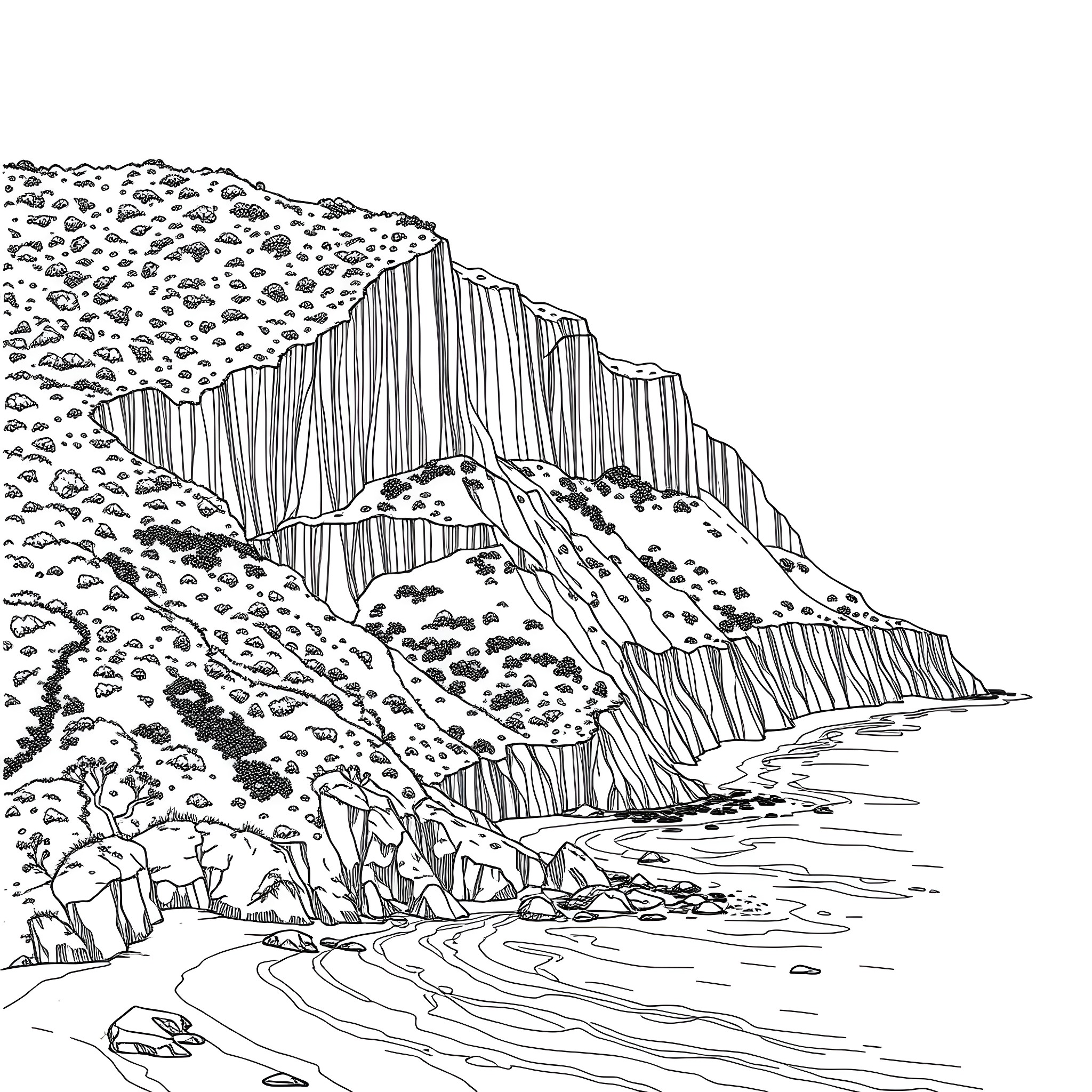 Escarpment of rugged cliffs and rocky coastline Coloring Page (free black-and-white line drawing printable PDF for all, from beginners to advanced learners, including children, teens, adults, and seniors)