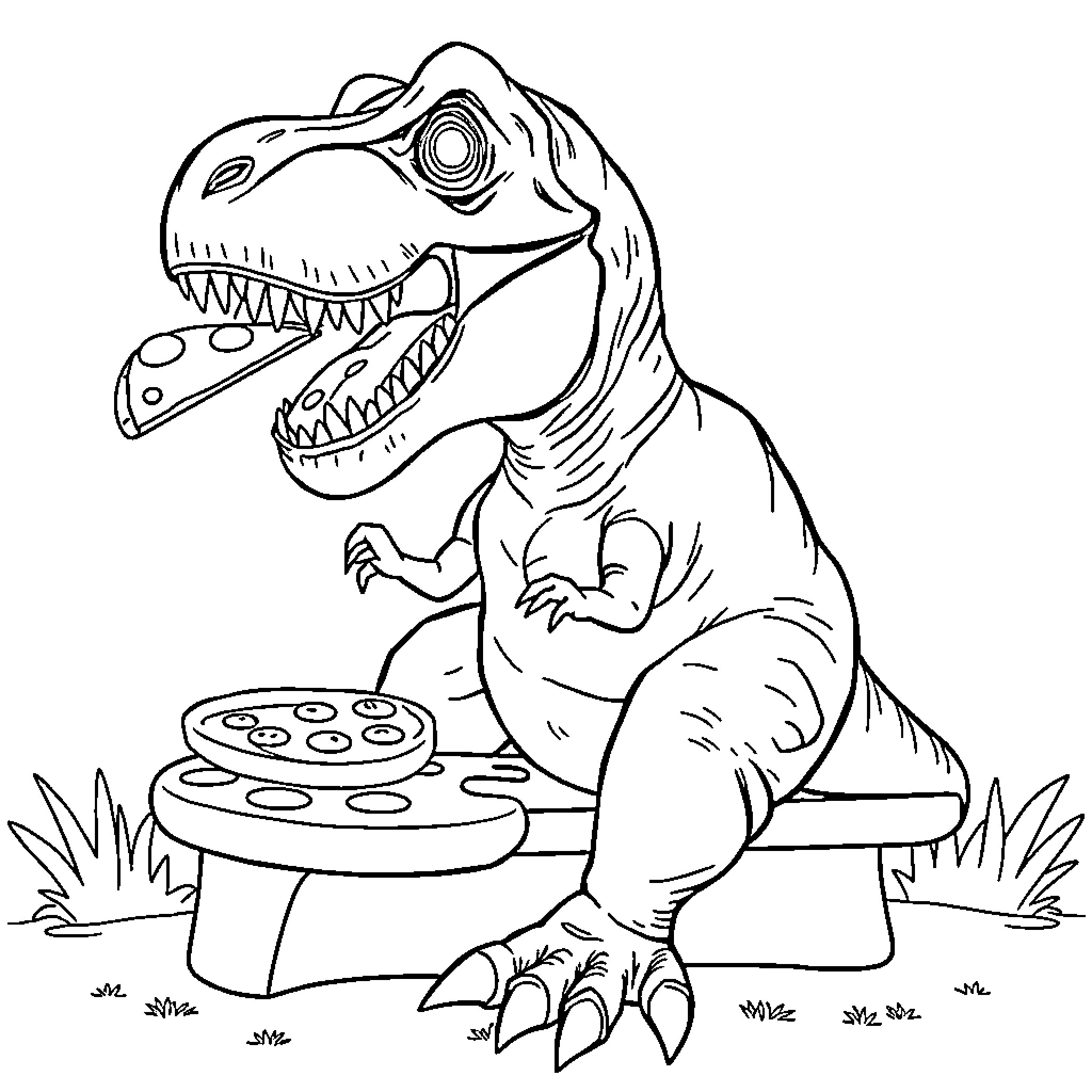 Tyrannosaurus Rex Playing Video Game Controller Coloring Page (free black-and-white line drawing printable PDF for all, from beginners to advanced learners, including children, teens, adults, and seniors)