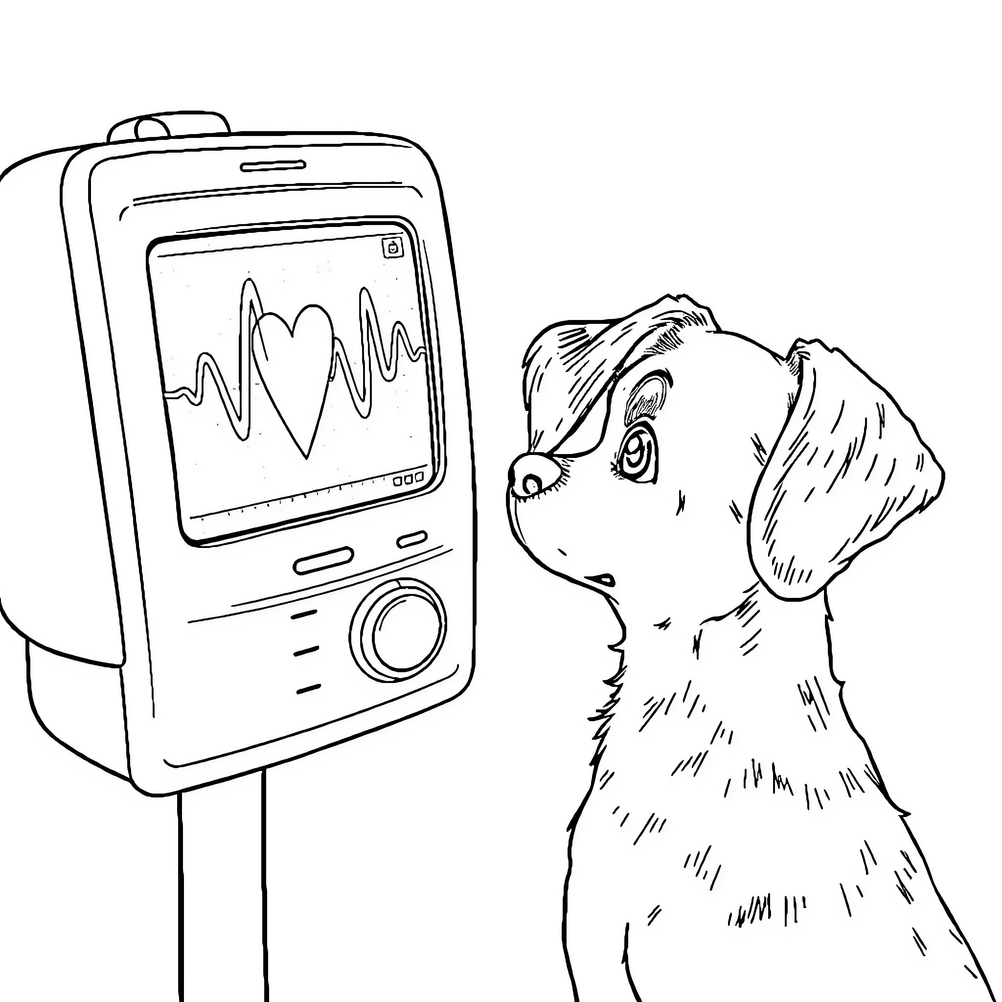 Dog checking health monitor machine Coloring Page (free black-and-white line drawing printable PDF for all, from beginners to advanced learners, including children, teens, adults, and seniors)