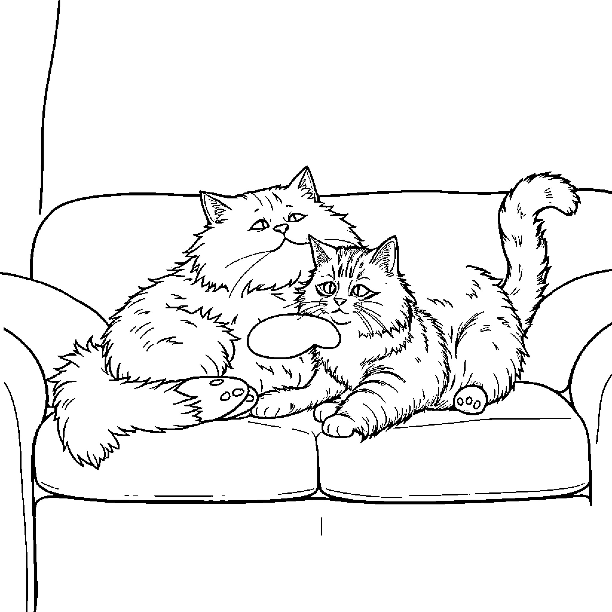 Cats relaxing comfortably on the couch Coloring Page (free black-and-white line drawing printable PDF for all, from beginners to advanced learners, including children, teens, adults, and seniors)