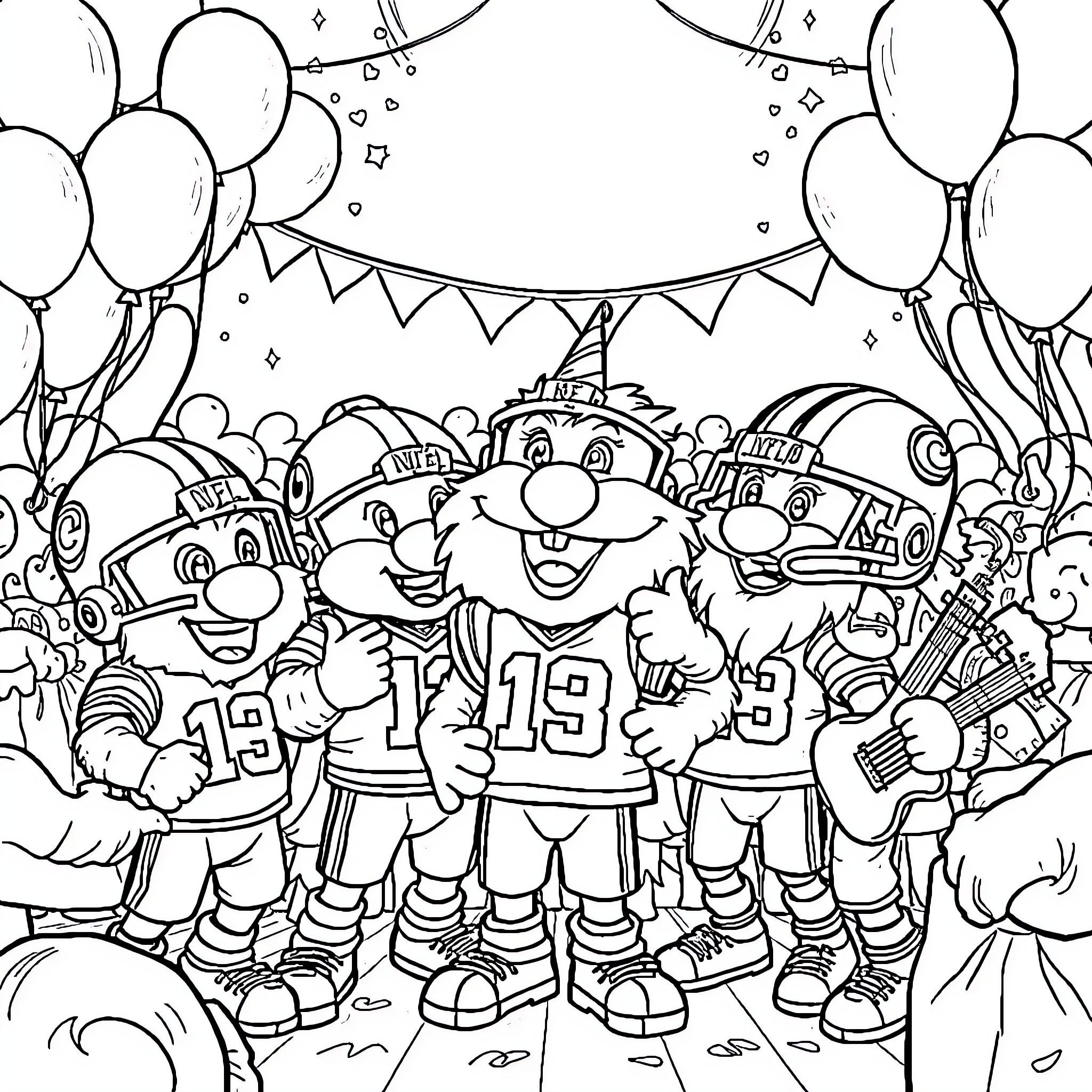 NFL Mascots Celebrating at a Festive Event Coloring Page (free black-and-white line drawing printable PDF for all, from beginners to advanced learners, including children, teens, adults, and seniors)