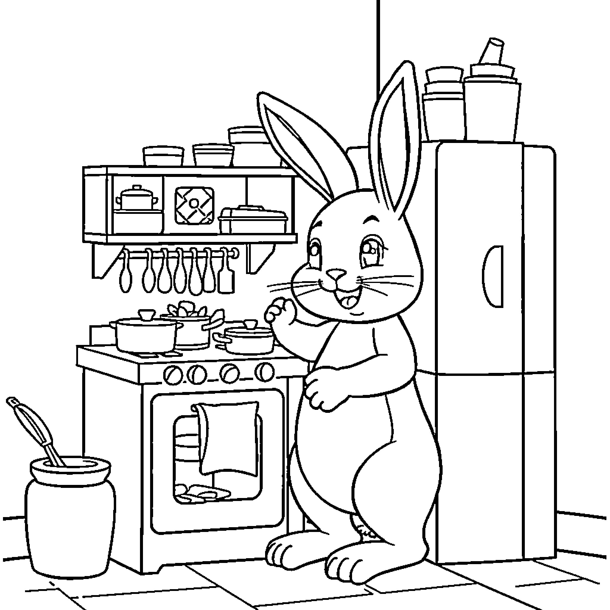 Bing Bunny Cooking in the Kitchen Coloring Page (free black-and-white line drawing printable PDF for all, from beginners to advanced learners, including children, teens, adults, and seniors)