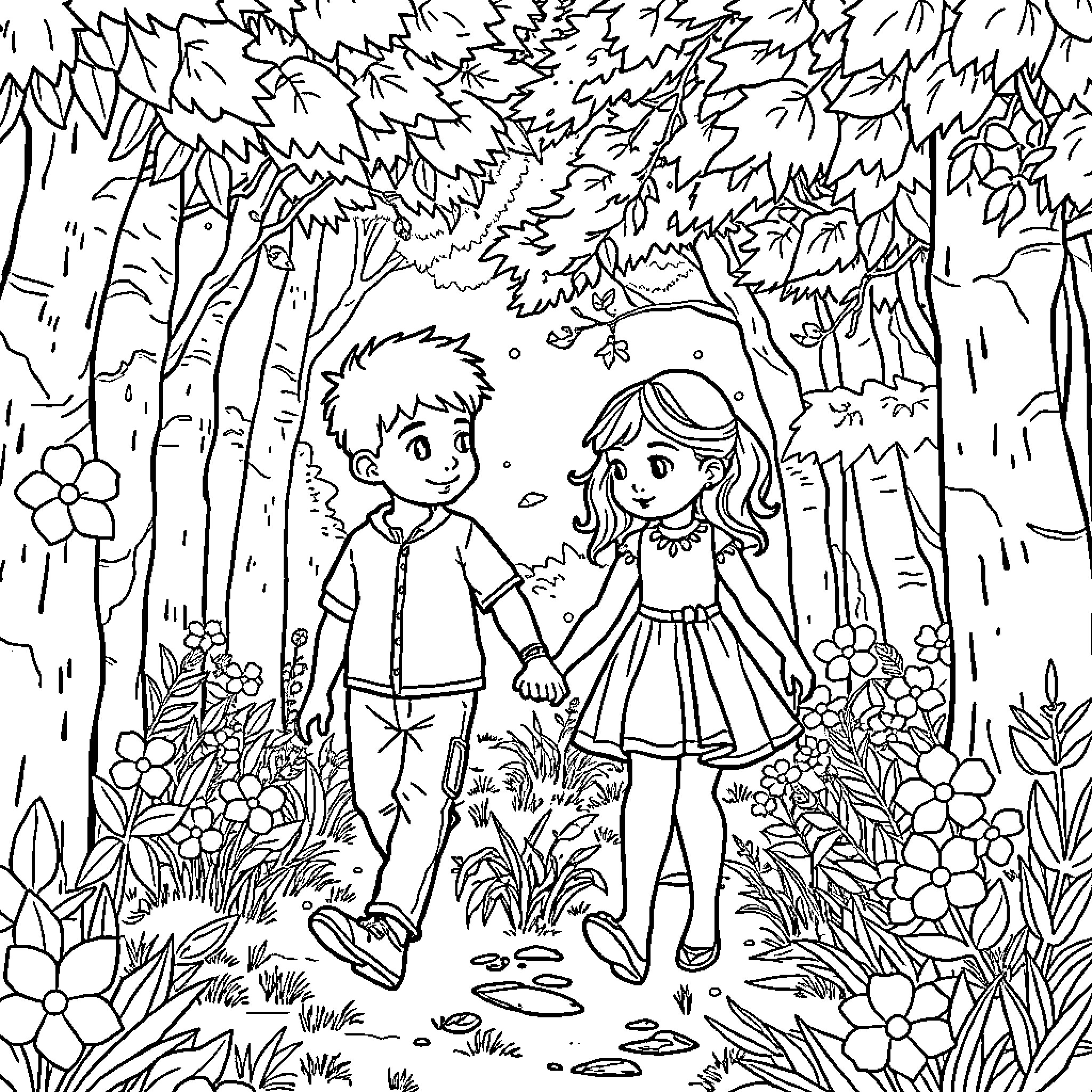 Twin Siblings Exploring the Enchanted Forest Coloring Page (free black-and-white line drawing printable PDF for all, from beginners to advanced learners, including children, teens, adults, and seniors)