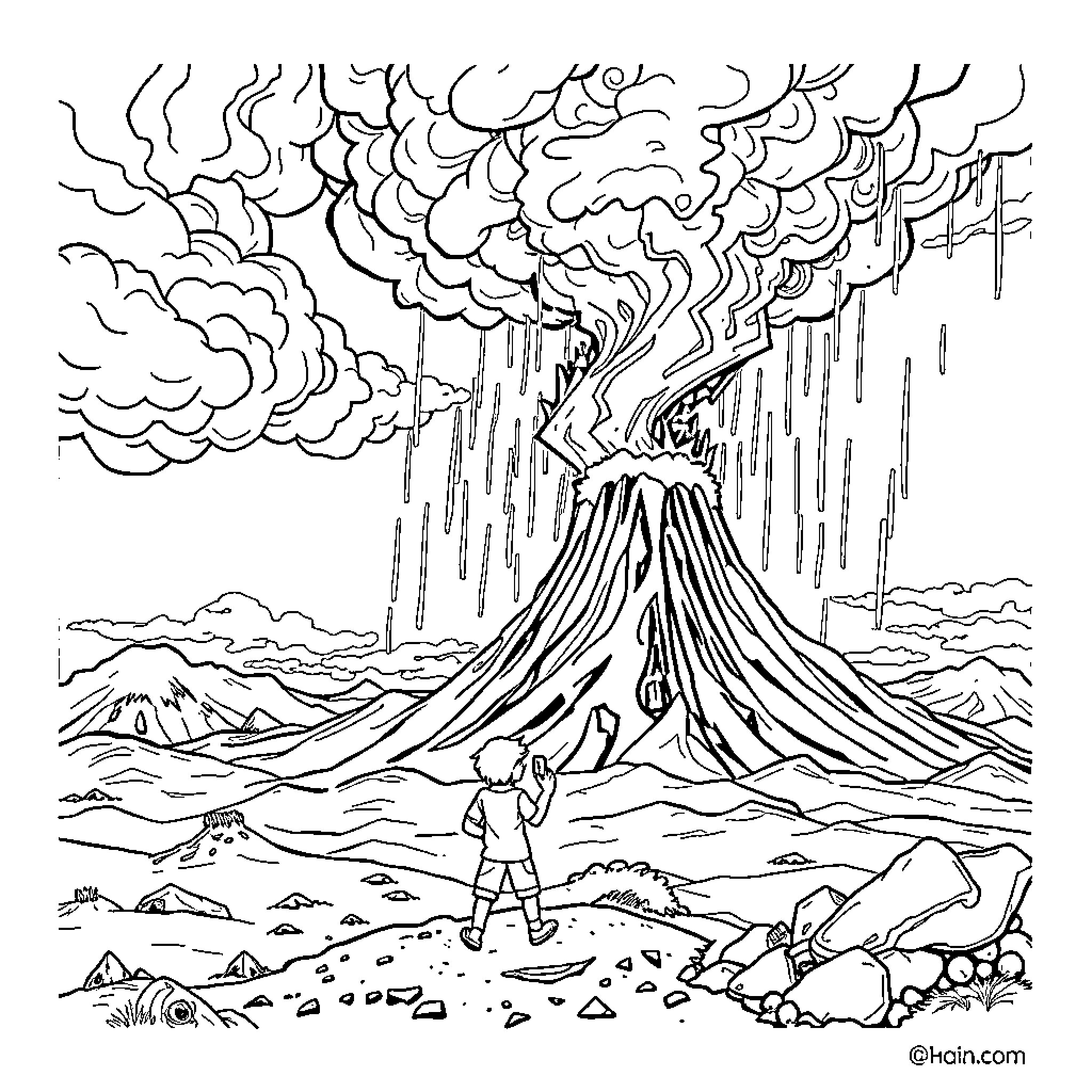 Soni facing the erupting volcano in the wilderness Coloring Page (free black-and-white line drawing printable PDF for all, from beginners to advanced learners, including children, teens, adults, and seniors)