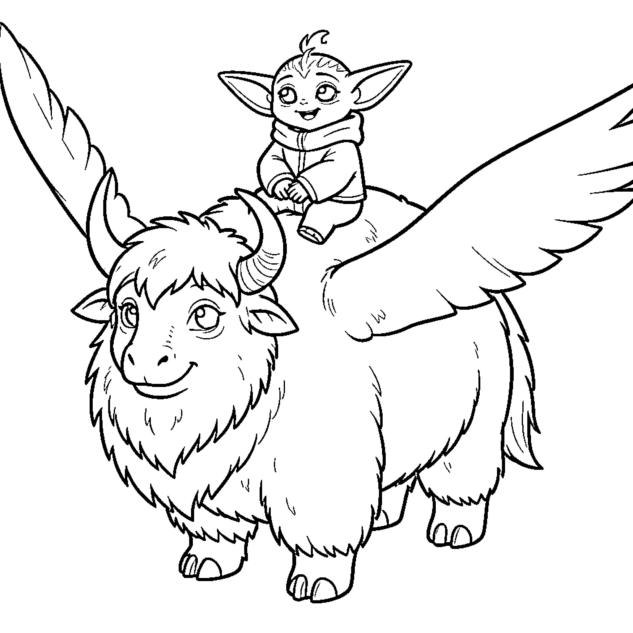 Grogu riding on the back of a winged creature Coloring Page (free black-and-white line drawing printable PDF for all, from beginners to advanced learners, including children, teens, adults, and seniors)