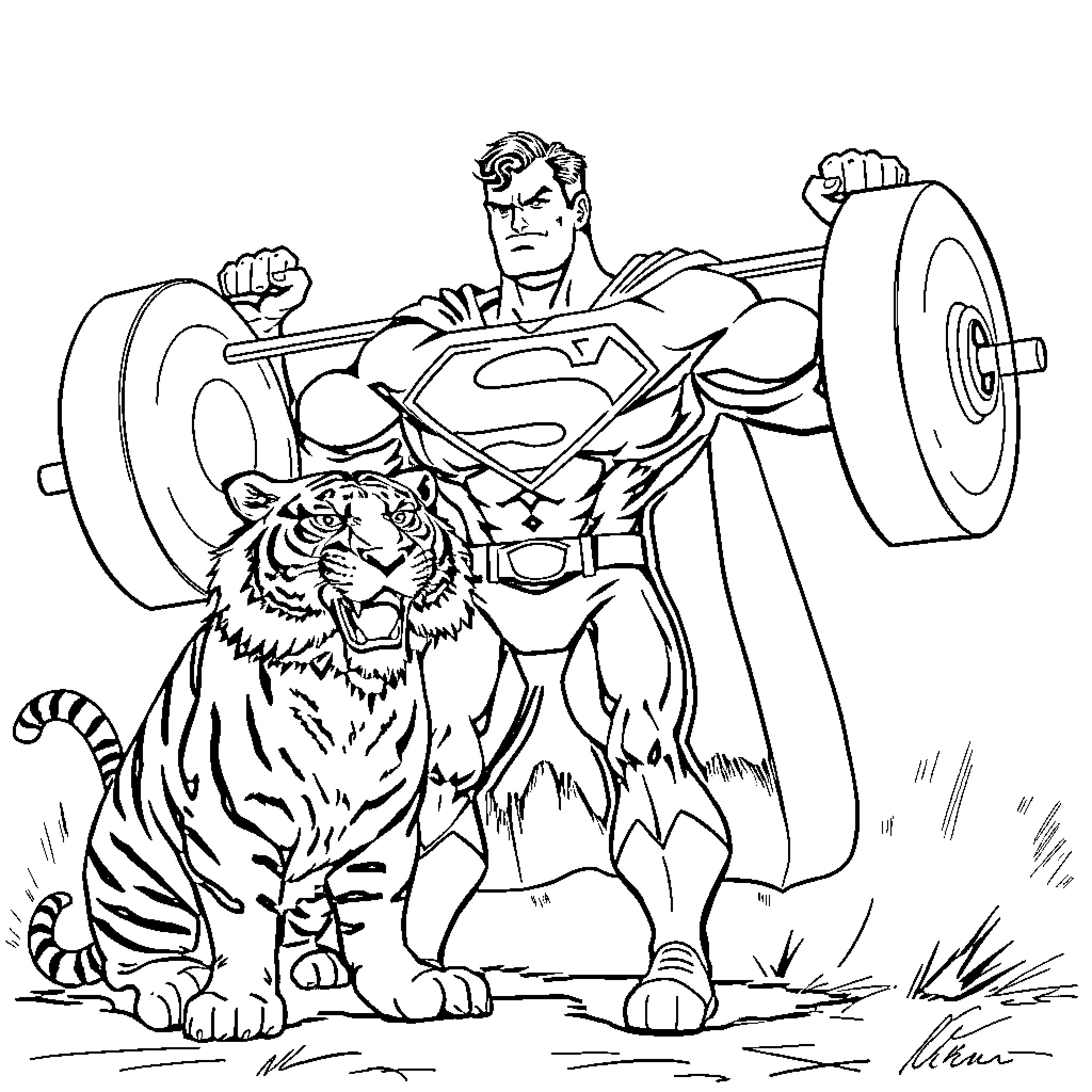 Superman lifting weights with tiger companion Coloring Page (free black-and-white line drawing printable PDF for all, from beginners to advanced learners, including children, teens, adults, and seniors)