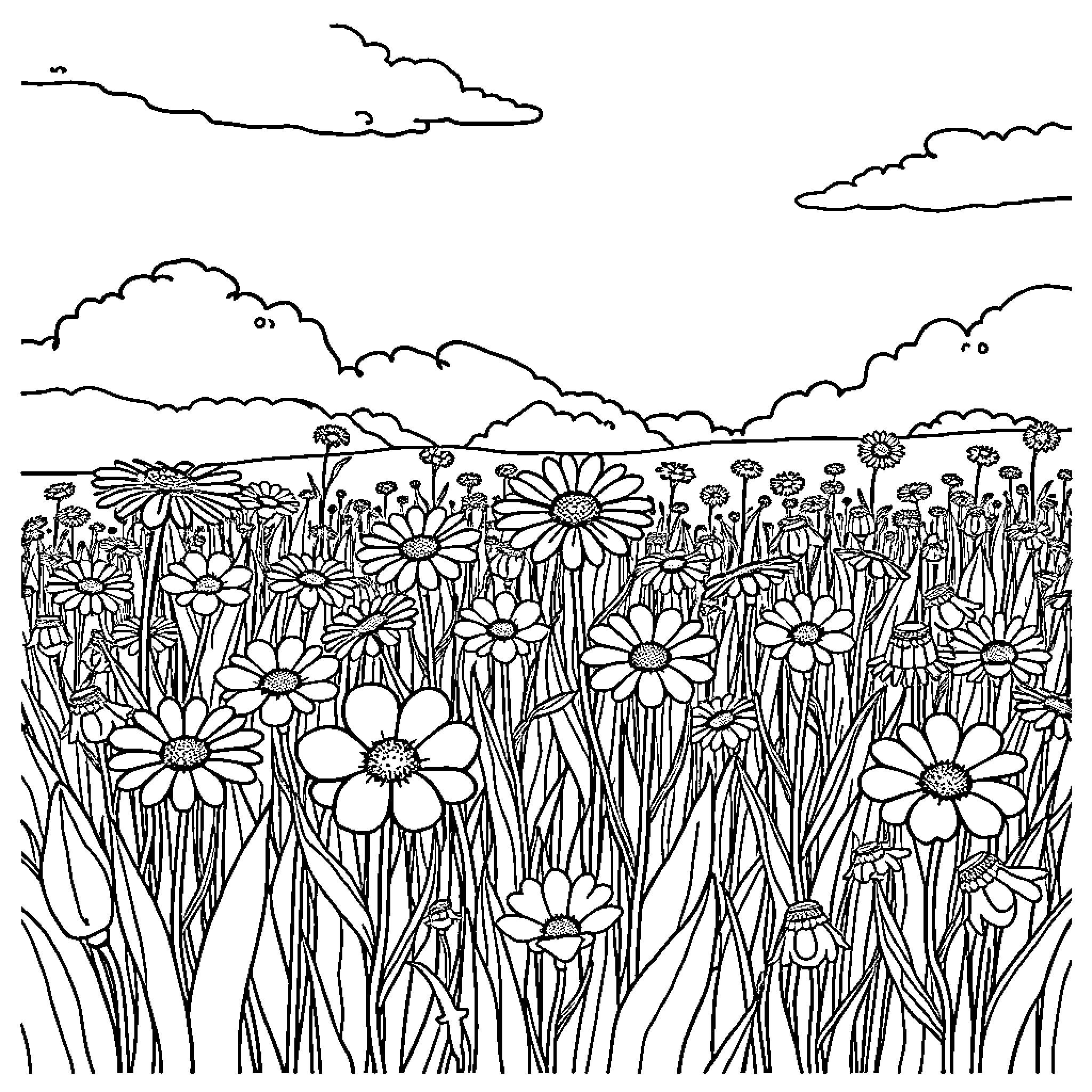 Flower field under a cloudy sky Coloring Page (free black-and-white line drawing printable PDF for all, from beginners to advanced learners, including children, teens, adults, and seniors)