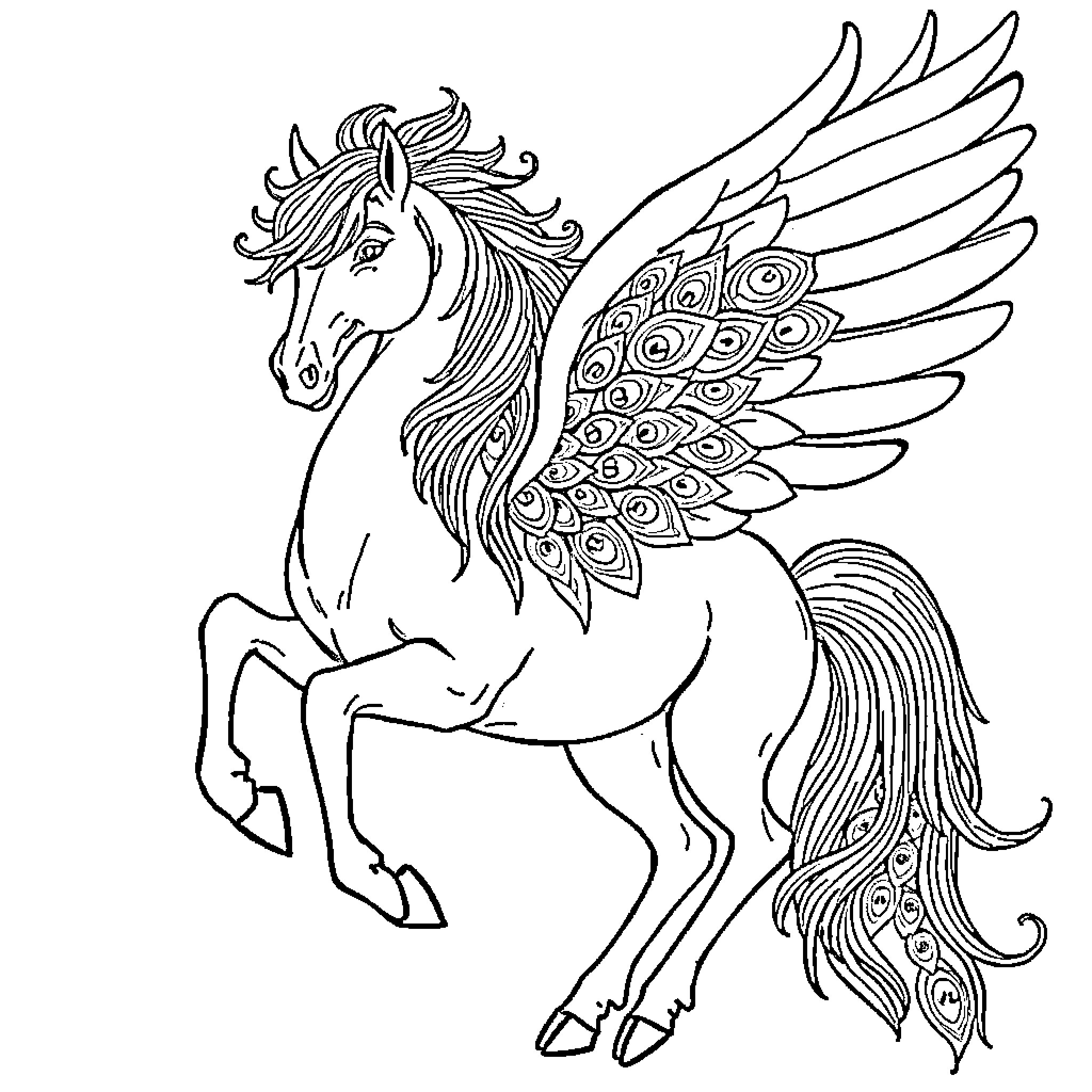 Pegasus with Ornate Wings and Flowing Mane Coloring Page (free black-and-white line drawing printable PDF for all, from beginners to advanced learners, including children, teens, adults, and seniors)