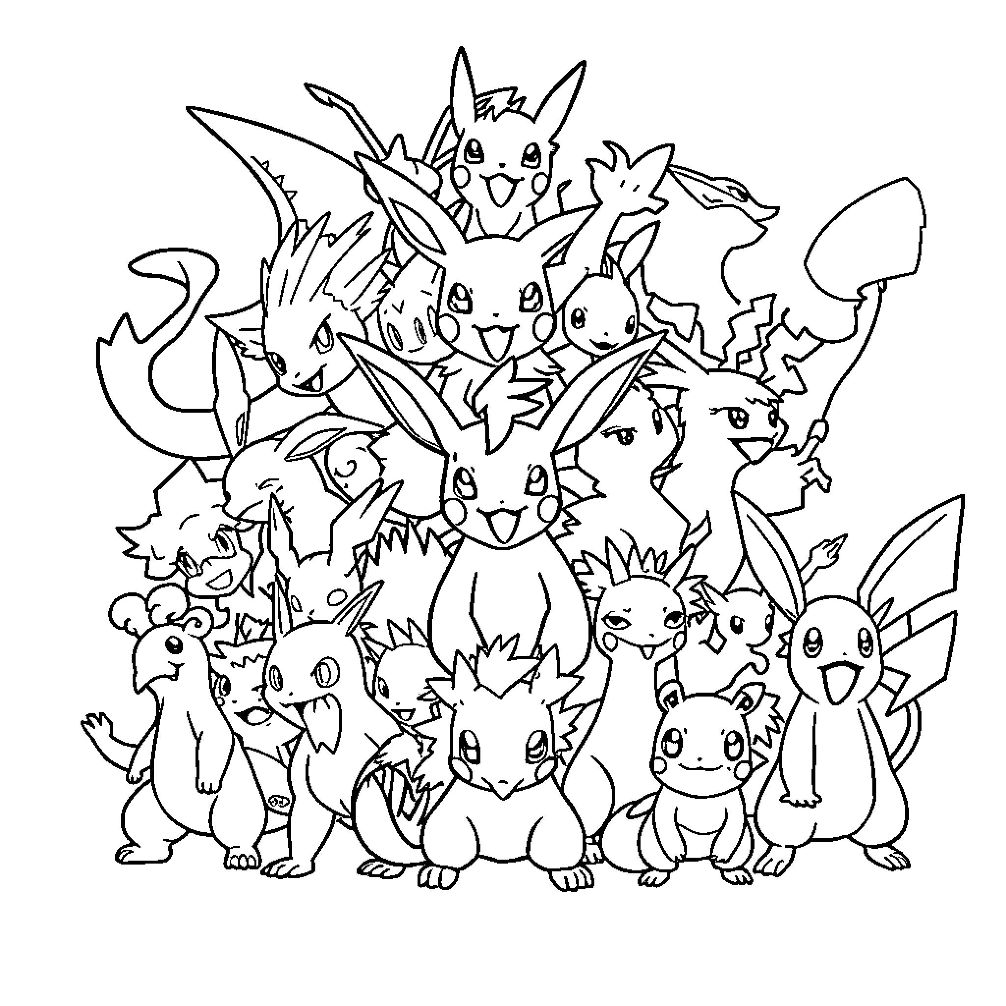 Pokémon characters gathered together in a group Coloring Page (free black-and-white line drawing printable PDF for all, from beginners to advanced learners, including children, teens, adults, and seniors)