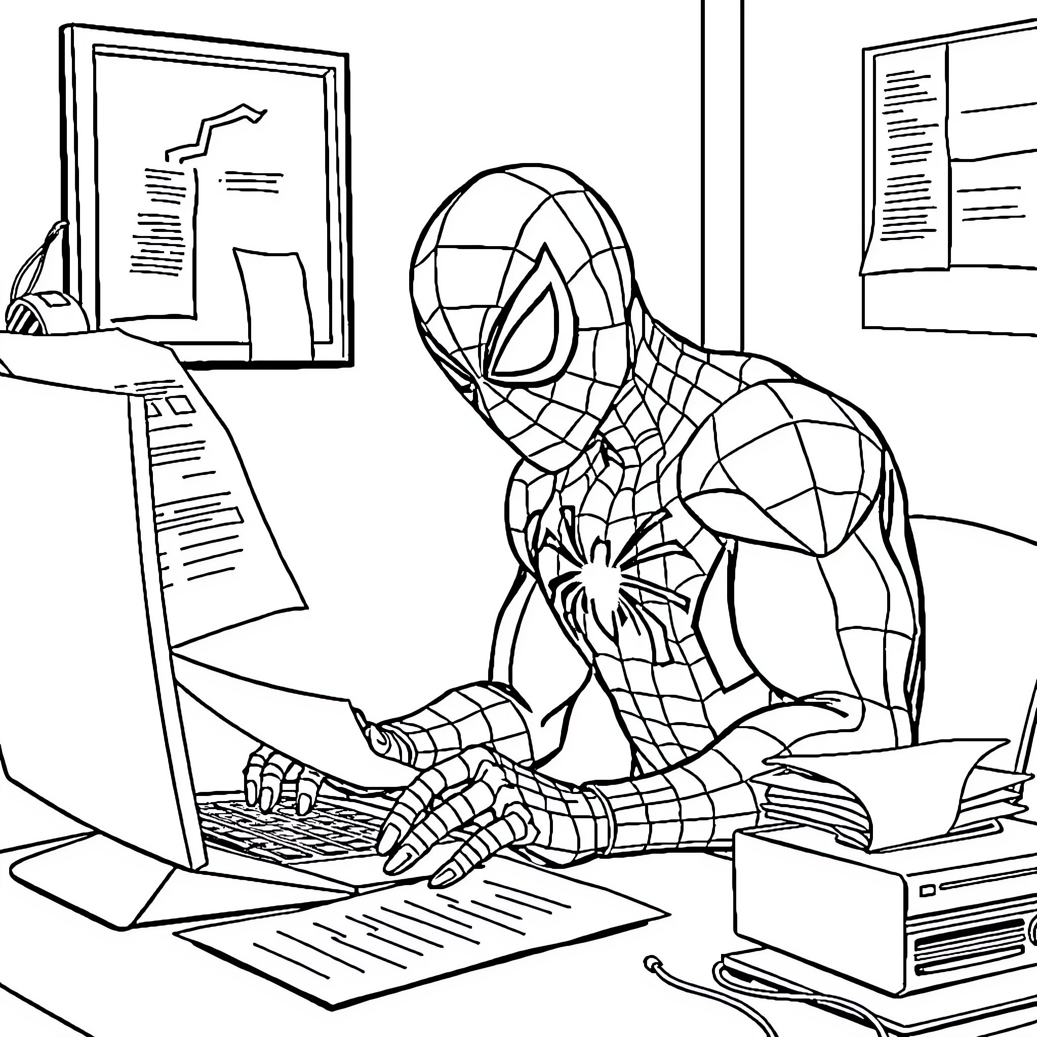 Spiderman working diligently on a computer Coloring Page (free black-and-white line drawing printable PDF for all, from beginners to advanced learners, including children, teens, adults, and seniors)