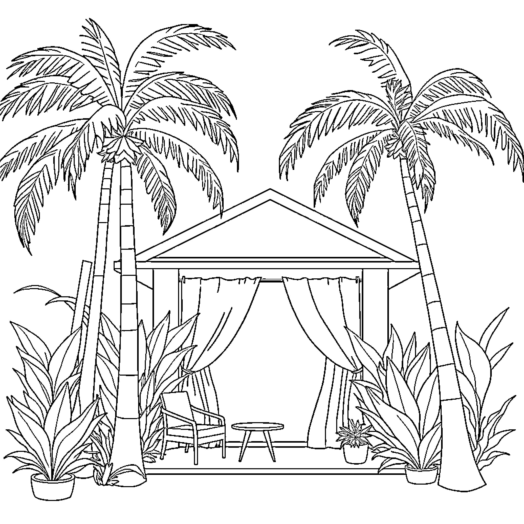 Bungalow with tropical palm trees and patio furniture Coloring Page (free black-and-white line drawing printable PDF for all, from beginners to advanced learners, including children, teens, adults, and seniors)