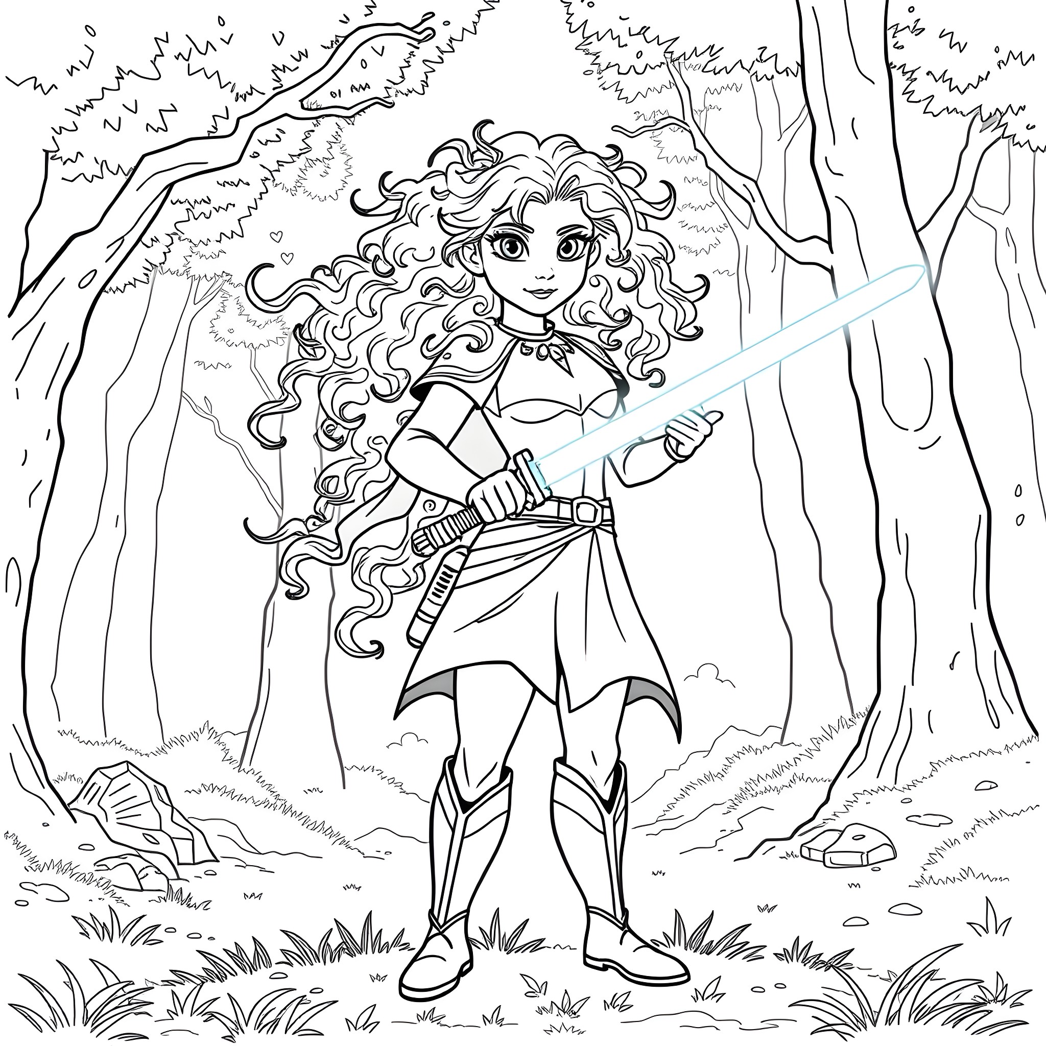 Merida in the Forest, Wielding Her Bow Coloring Page (free black-and-white line drawing printable PDF for all, from beginners to advanced learners, including children, teens, adults, and seniors)