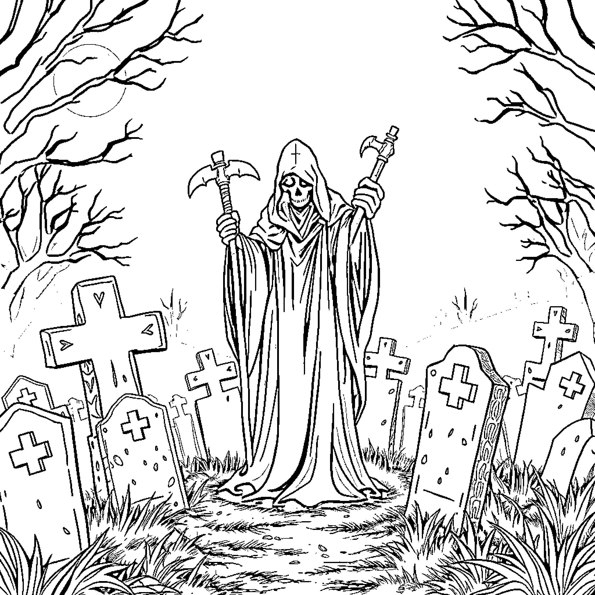 Grim Reaper standing amidst gravestones in a dark forest Coloring Page (free black-and-white line drawing printable PDF for all, from beginners to advanced learners, including children, teens, adults, and seniors)