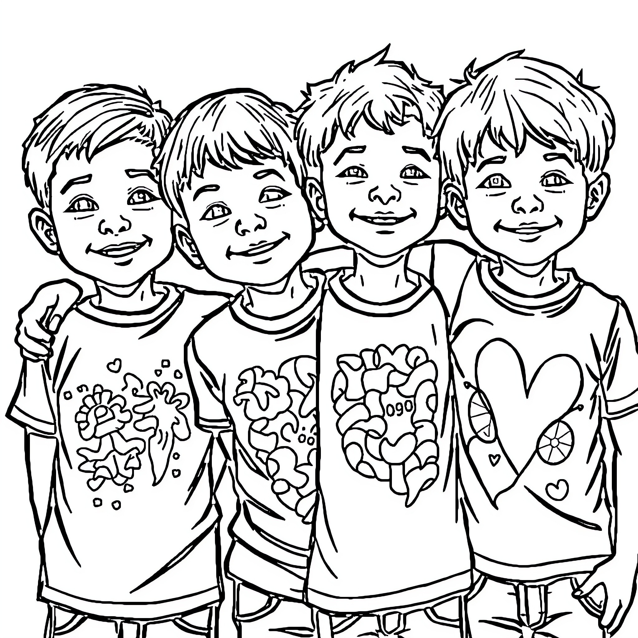 Kids in Colorful T-shirts Smiling Happily Coloring Page (free black-and-white line drawing printable PDF for all, from beginners to advanced learners, including children, teens, adults, and seniors)