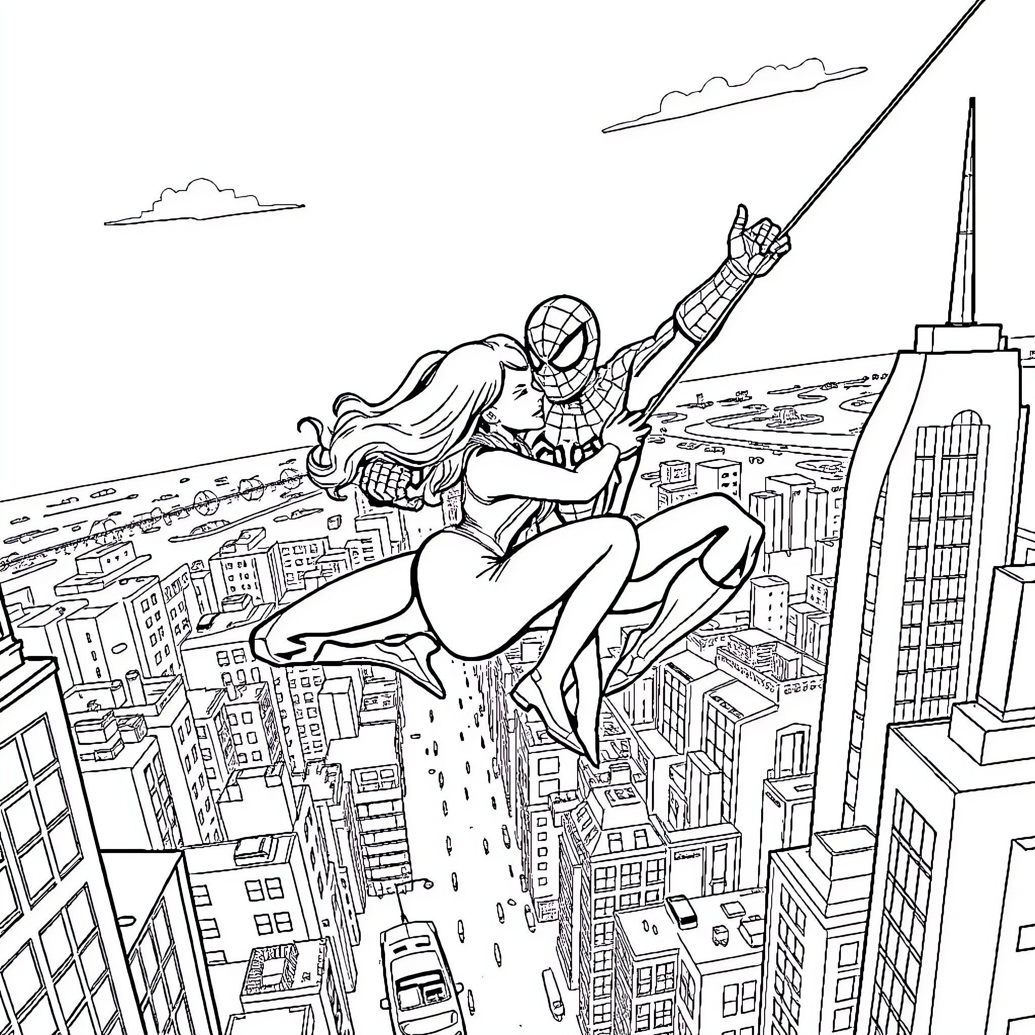 Spiderman scaling the city skyline with a companion Coloring Page (free black-and-white line drawing printable PDF for all, from beginners to advanced learners, including children, teens, adults, and seniors)