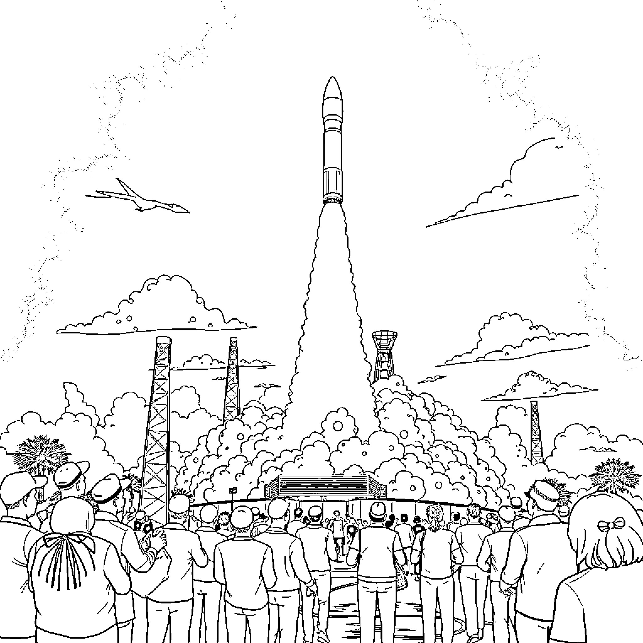 Rocket launching into the sky before onlookers Coloring Page (free black-and-white line drawing printable PDF for all, from beginners to advanced learners, including children, teens, adults, and seniors)