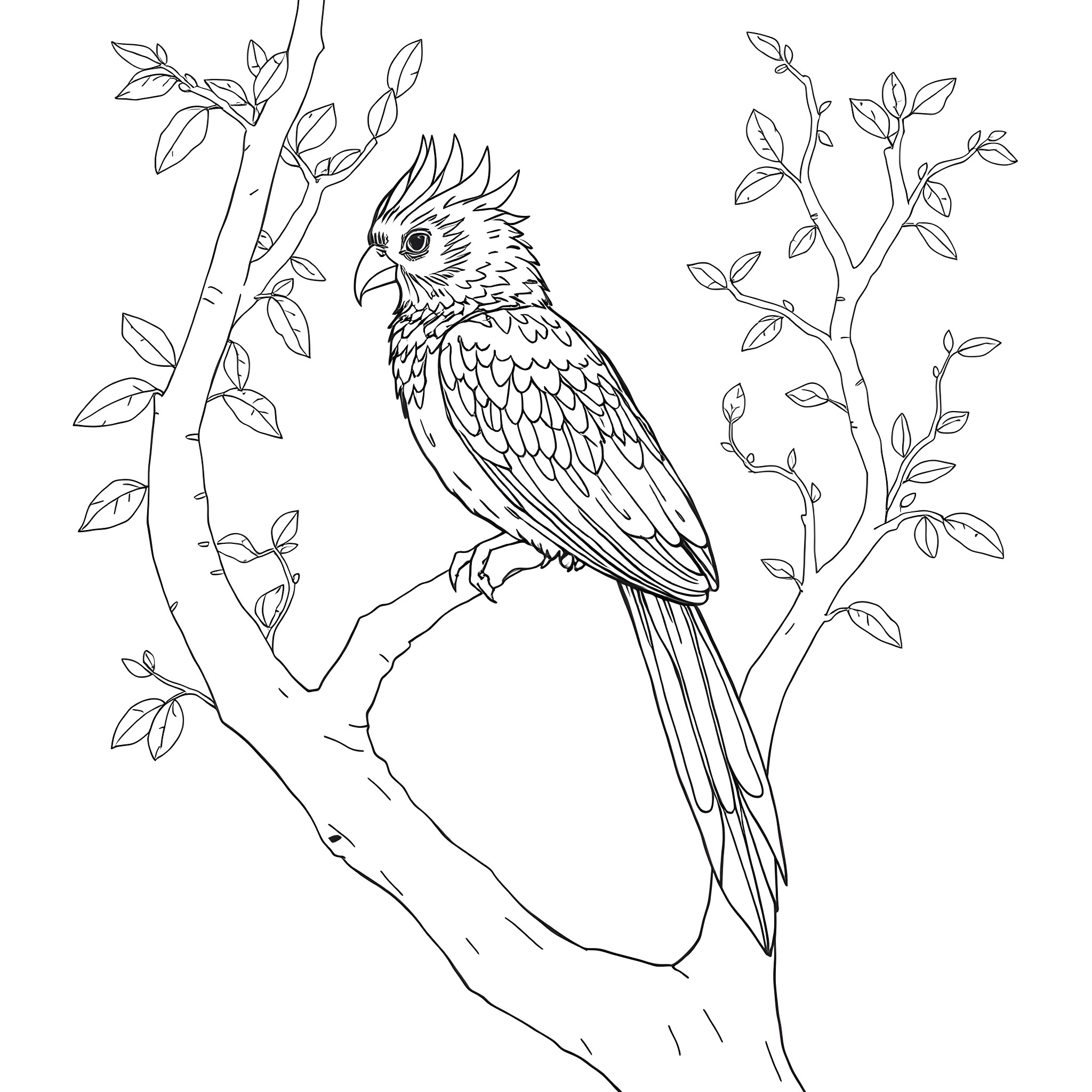 Amandava bird perched on a branch with leaves Coloring Page (free black-and-white line drawing printable PDF for all, from beginners to advanced learners, including children, teens, adults, and seniors)