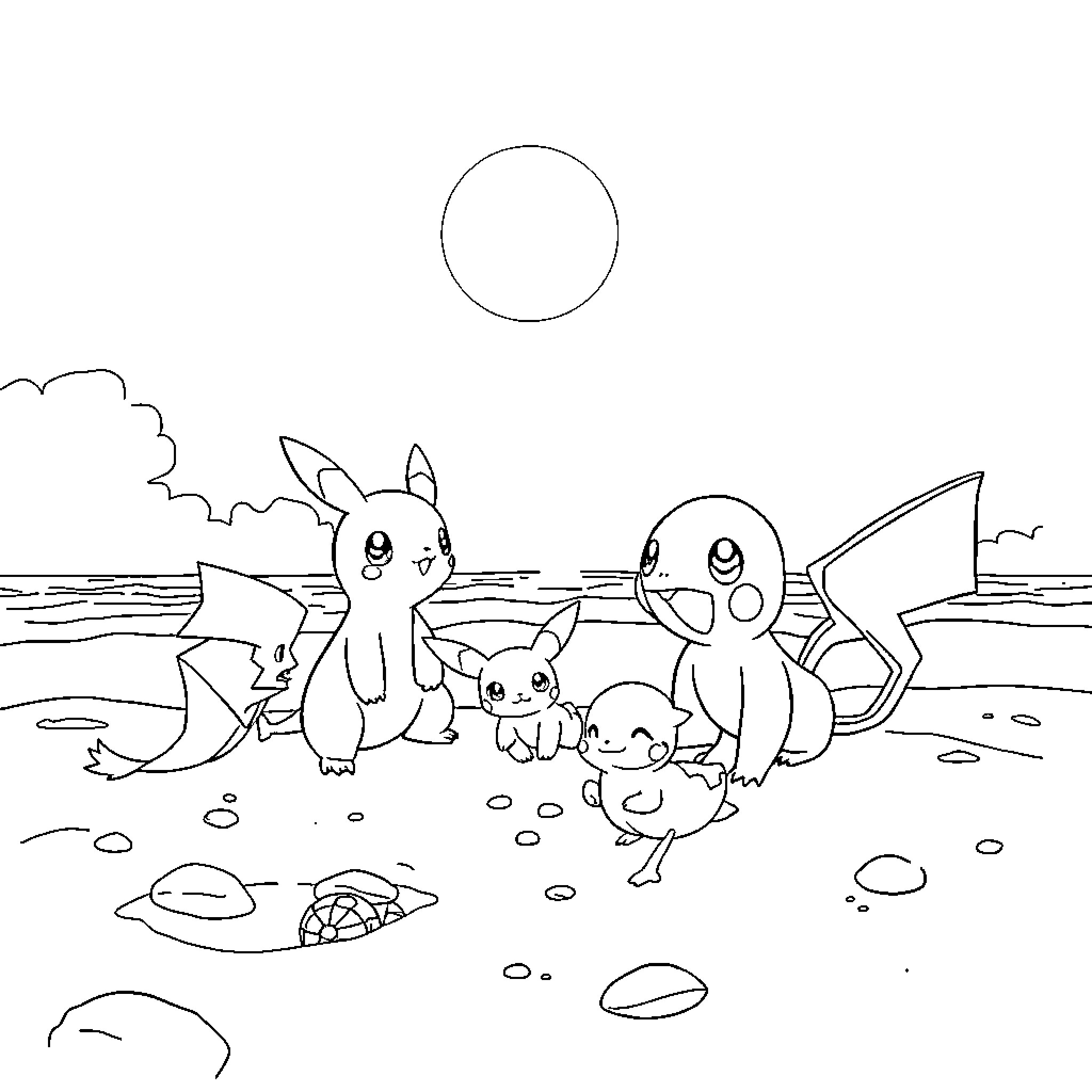 Pokémon characters relaxing on the beach Coloring Page (free black-and-white line drawing printable PDF for all, from beginners to advanced learners, including children, teens, adults, and seniors)