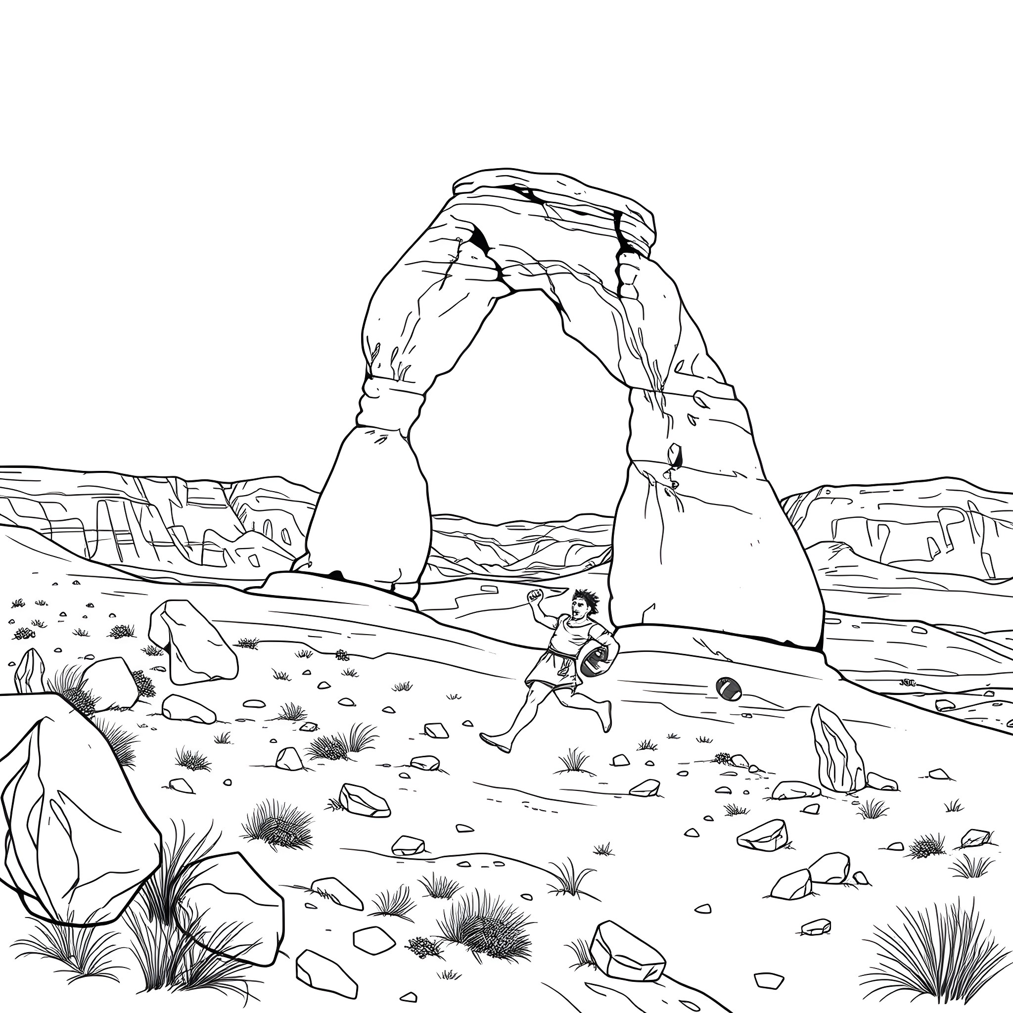 Caveman exploring rugged terrain in the wilderness Coloring Page (free black-and-white line drawing printable PDF for all, from beginners to advanced learners, including children, teens, adults, and seniors)