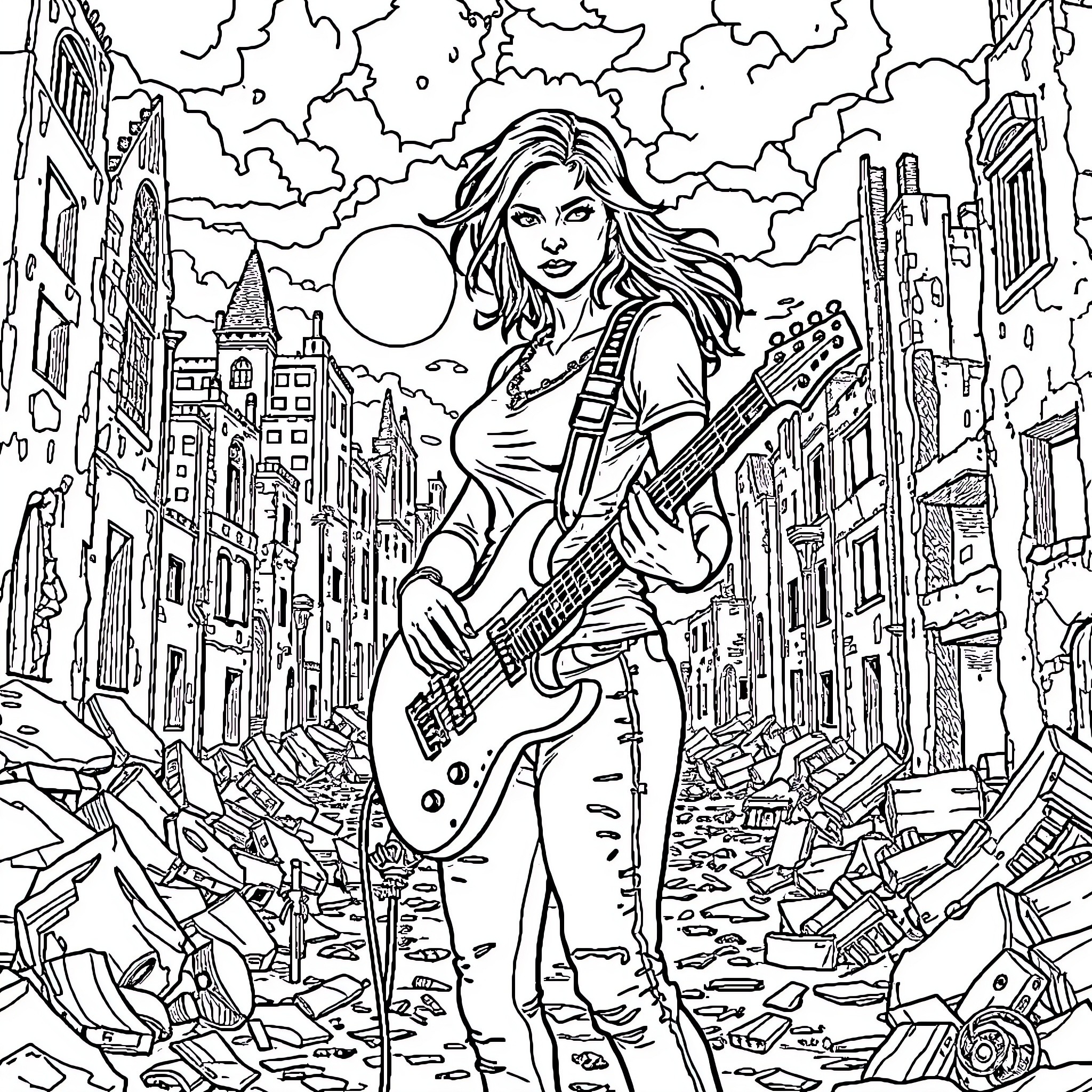 Woman playing guitar in a post-apocalyptic cityscape Coloring Page (free black-and-white line drawing printable PDF for all, from beginners to advanced learners, including children, teens, adults, and seniors)