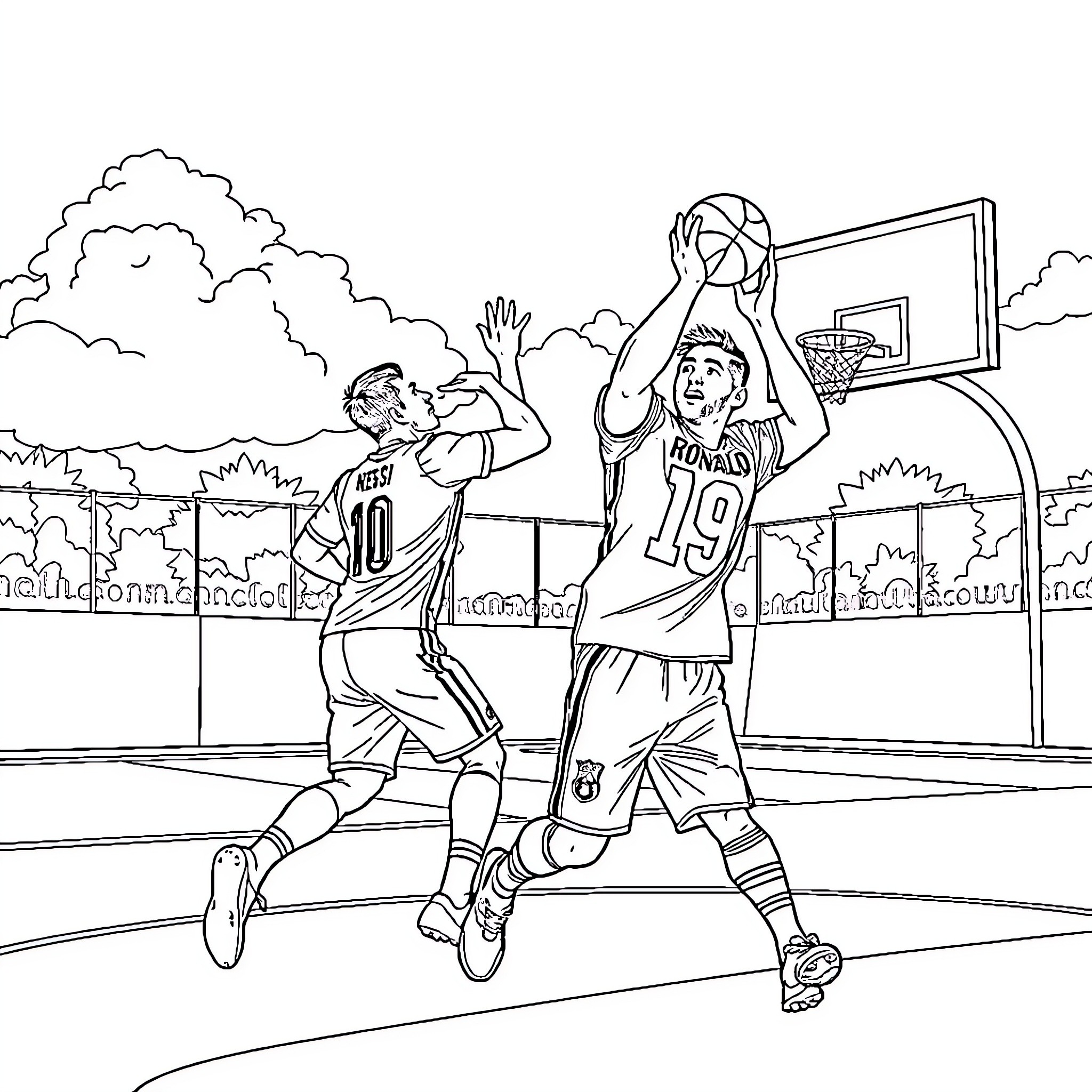 Ronaldo Competing in an Outdoor Basketball Game Coloring Page (free black-and-white line drawing printable PDF for all, from beginners to advanced learners, including children, teens, adults, and seniors)
