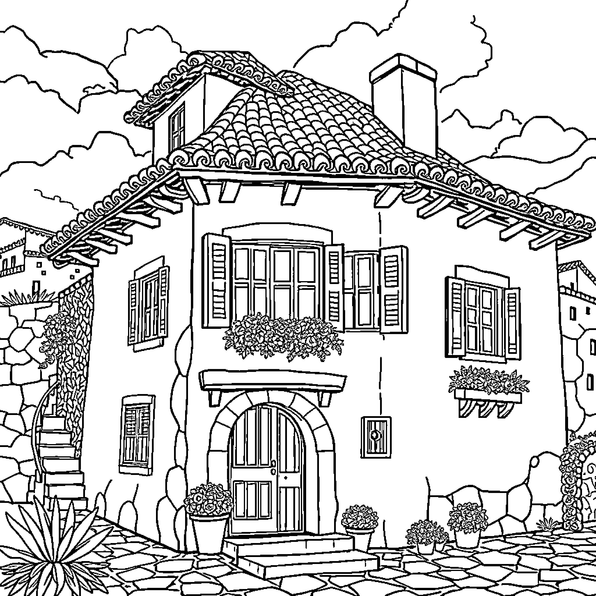 House with Detailed Architectural Features in Scenic Landscape Coloring Page (free black-and-white line drawing printable PDF for all, from beginners to advanced learners, including children, teens, adults, and seniors)