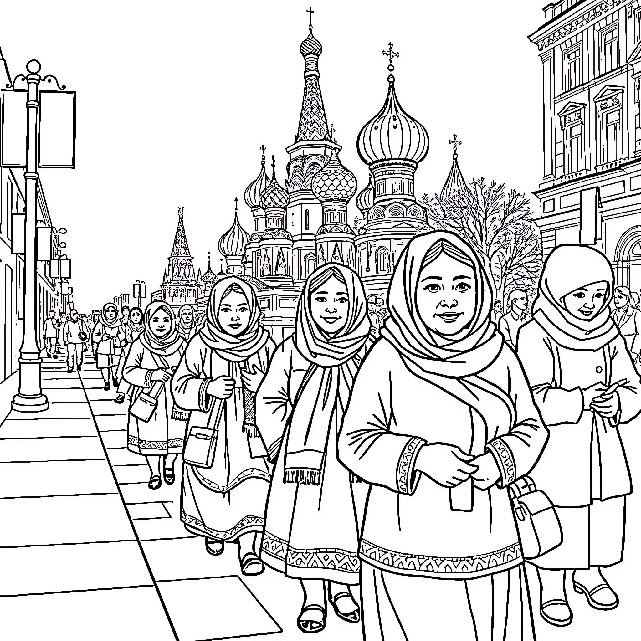 Babushka women strolling through Moscow's streets Coloring Page (free black-and-white line drawing printable PDF for all, from beginners to advanced learners, including children, teens, adults, and seniors)