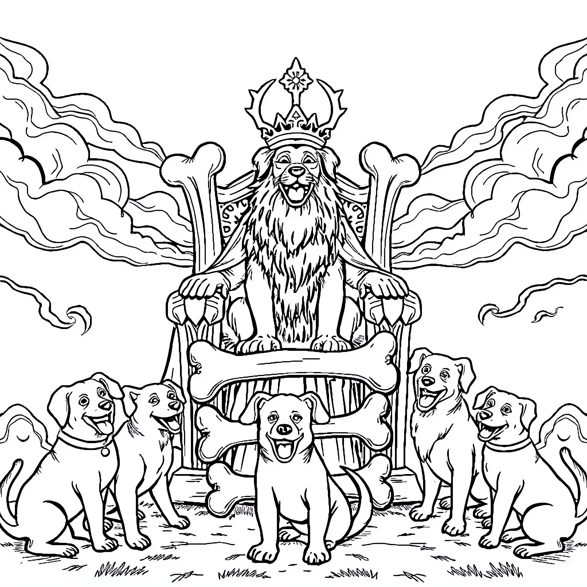 Dog king surrounded by loyal subjects Coloring Page (free black-and-white line drawing printable PDF for all, from beginners to advanced learners, including children, teens, adults, and seniors)