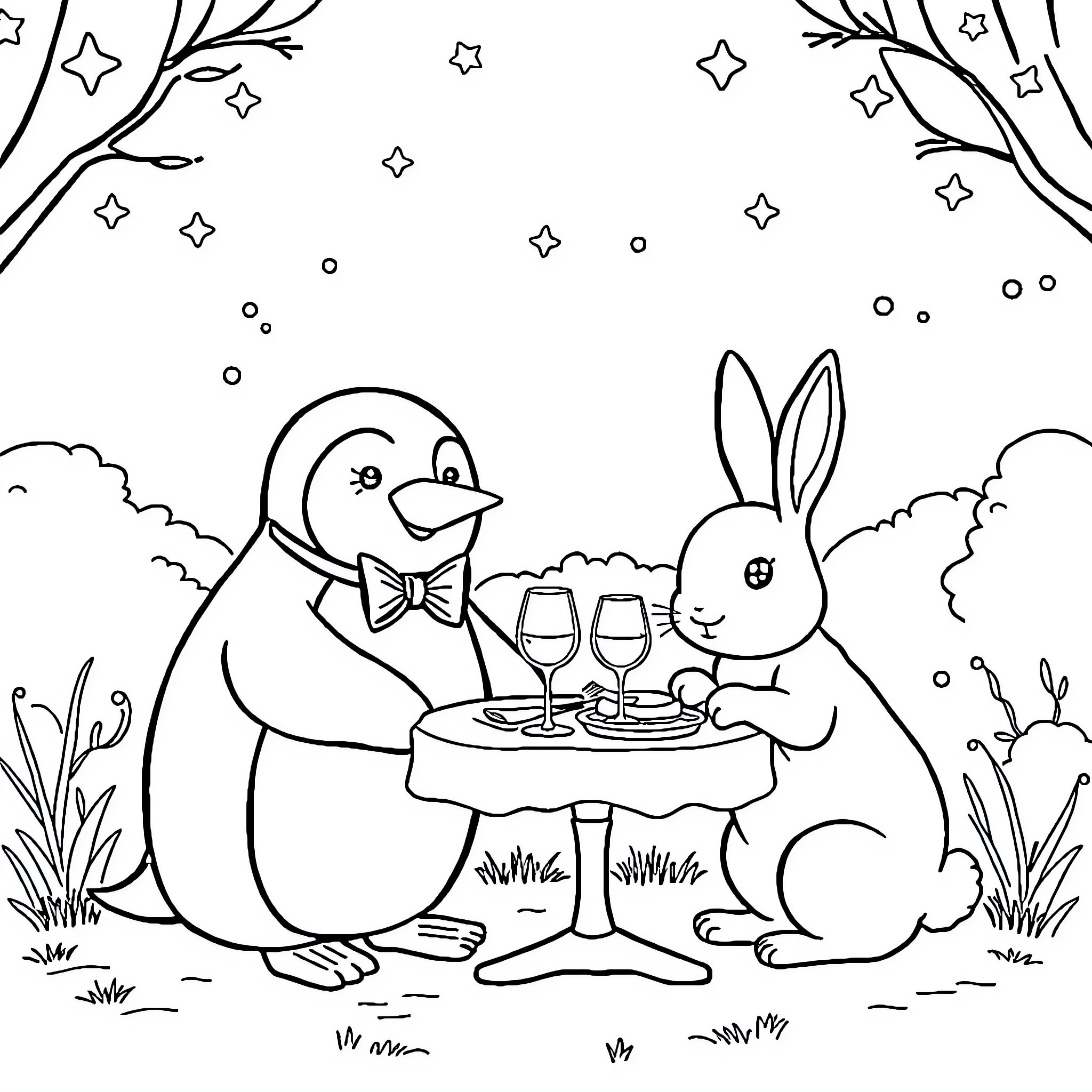 Penguin enjoying a picnic with a rabbit Coloring Page (free black-and-white line drawing printable PDF for all, from beginners to advanced learners, including children, teens, adults, and seniors)