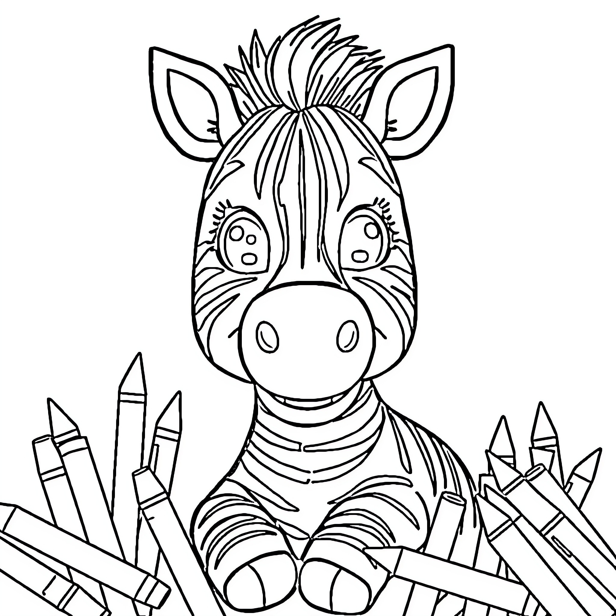 Zebra surrounded by colorful pencils Coloring Page (free black-and-white line drawing printable PDF for all, from beginners to advanced learners, including children, teens, adults, and seniors)