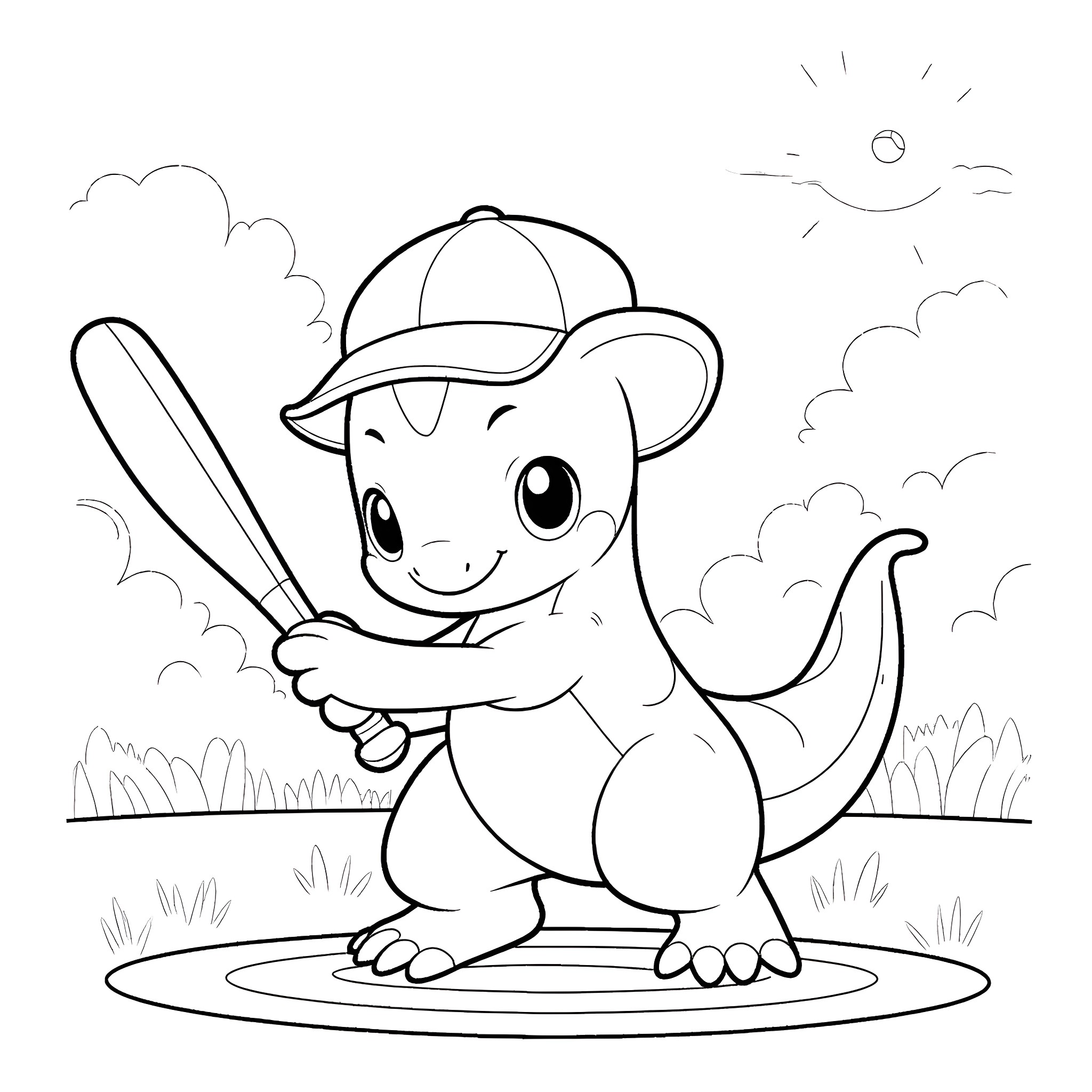 Charmander playing baseball in the park Coloring Page (free black-and-white line drawing printable PDF for all, from beginners to advanced learners, including children, teens, adults, and seniors)