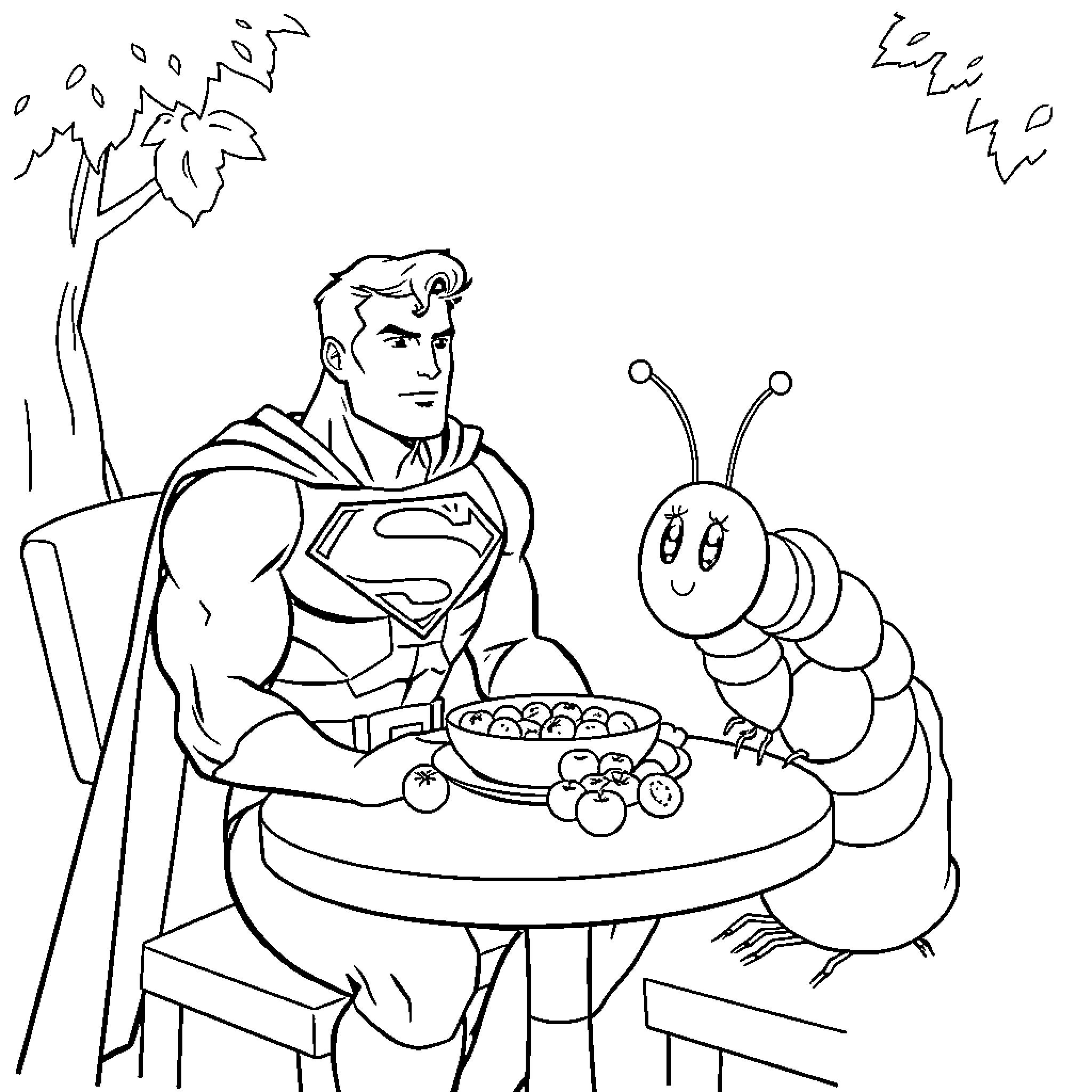 Superman enjoying a meal with a friendly caterpillar Coloring Page (free black-and-white line drawing printable PDF for all, from beginners to advanced learners, including children, teens, adults, and seniors)