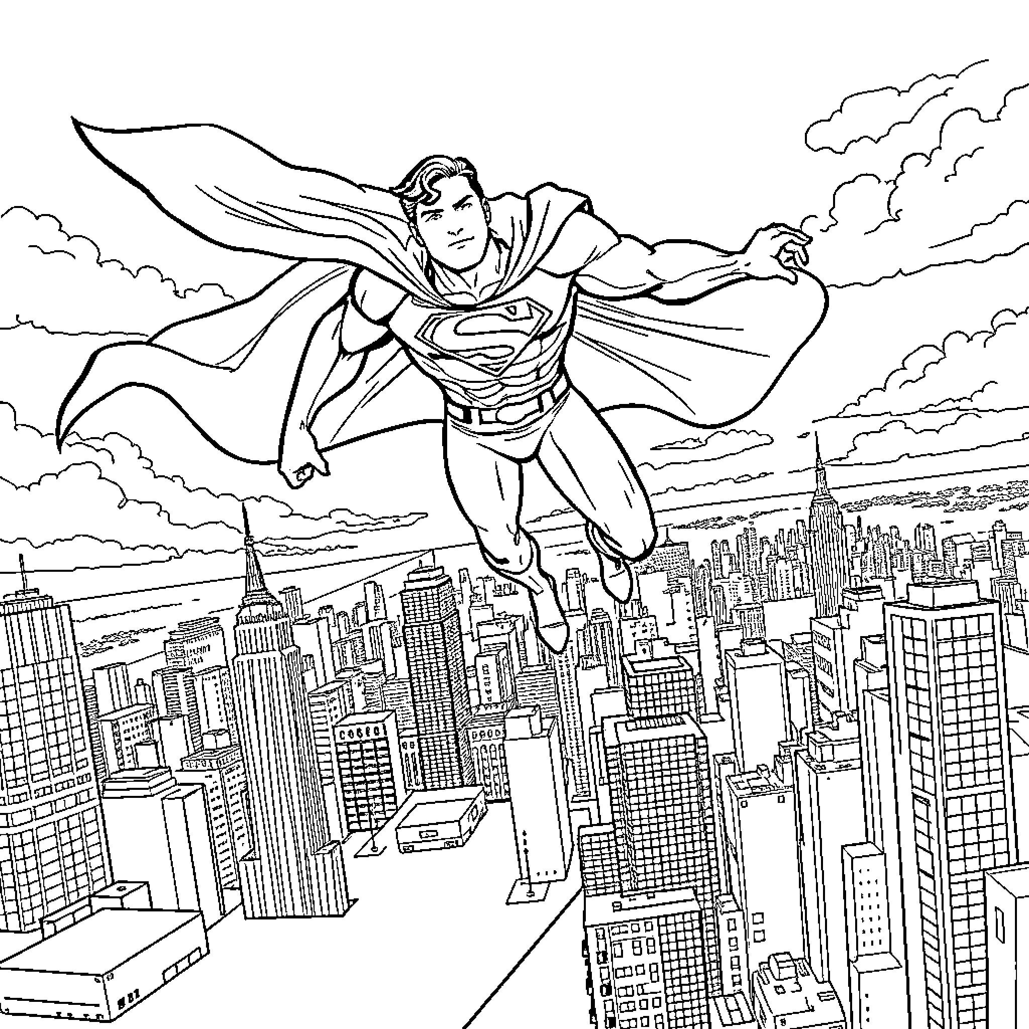 Superman soaring over the city skyline Coloring Page (free black-and-white line drawing printable PDF for all, from beginners to advanced learners, including children, teens, adults, and seniors)