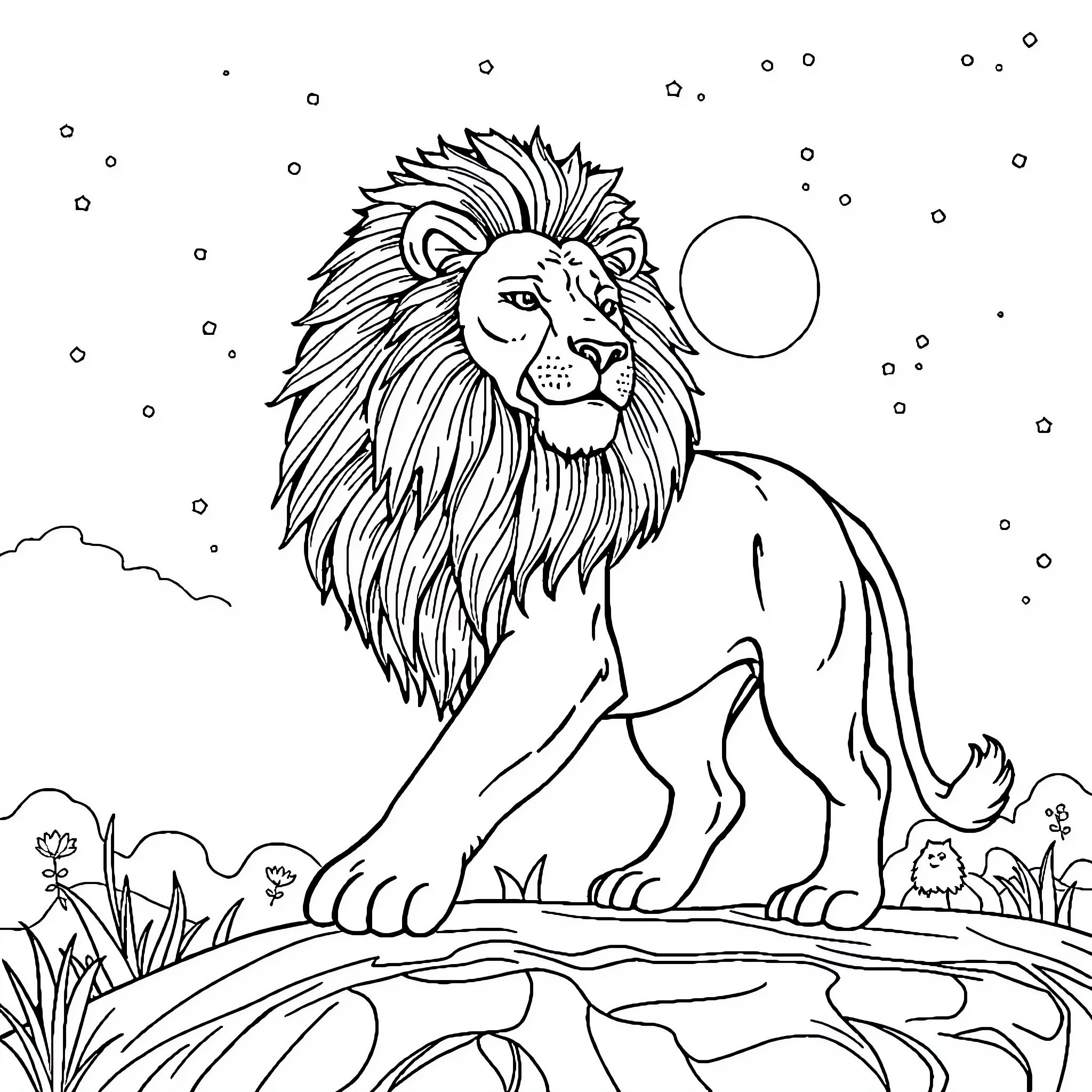 Lion standing proudly under the night sky Coloring Page (free black-and-white line drawing printable PDF for all, from beginners to advanced learners, including children, teens, adults, and seniors)