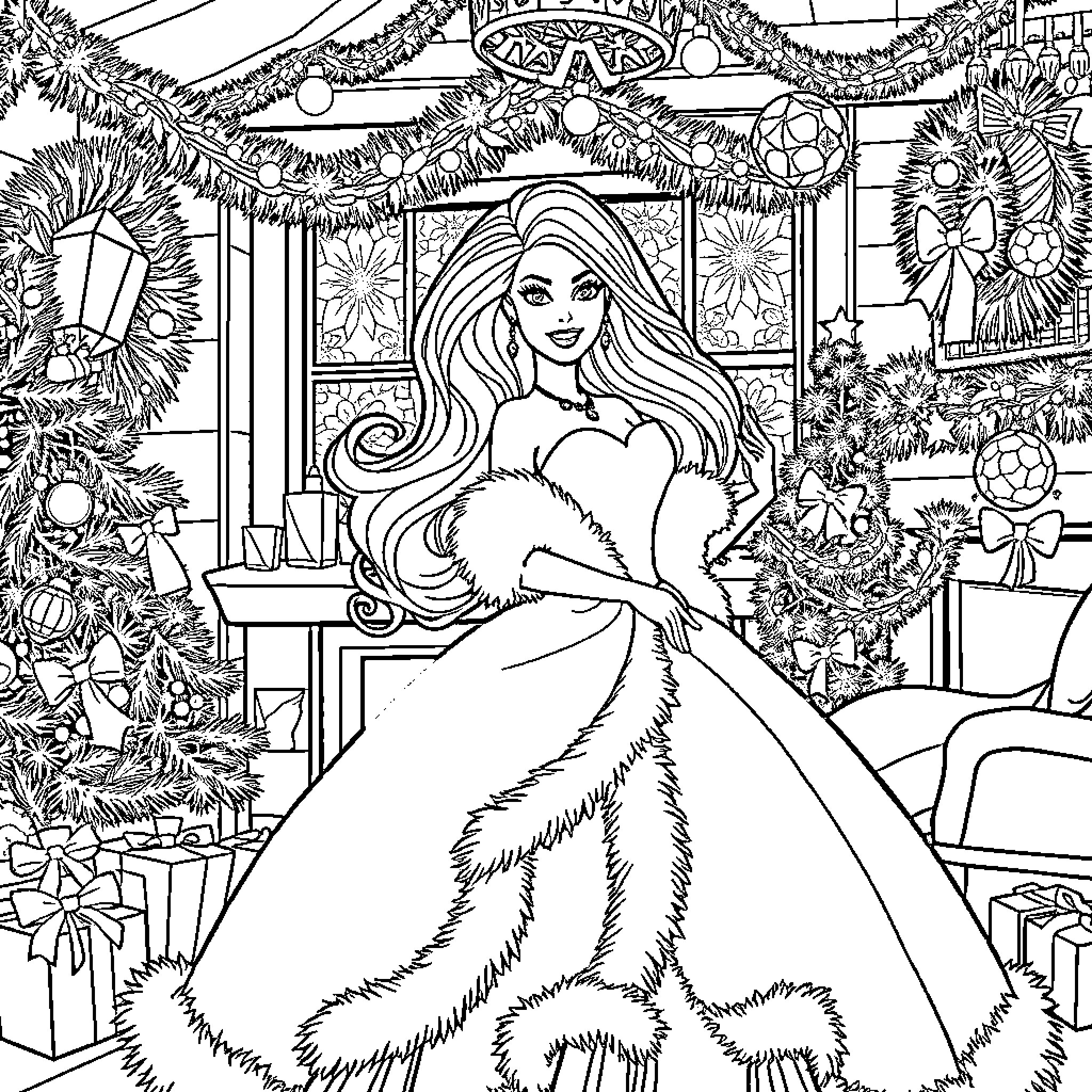 Barbie's Festive Holiday Celebration Coloring Page (free black-and-white line drawing printable PDF for all, from beginners to advanced learners, including children, teens, adults, and seniors)
