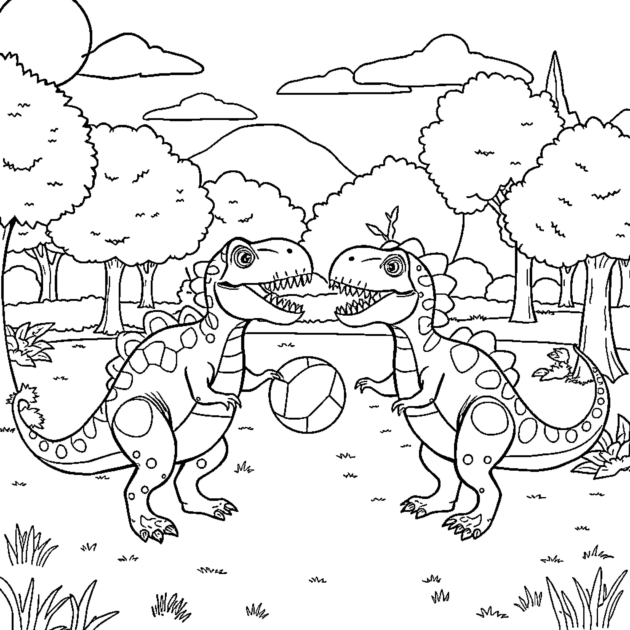 Dinosaurs playing together in the forest Coloring Page (free black-and-white line drawing printable PDF for all, from beginners to advanced learners, including children, teens, adults, and seniors)