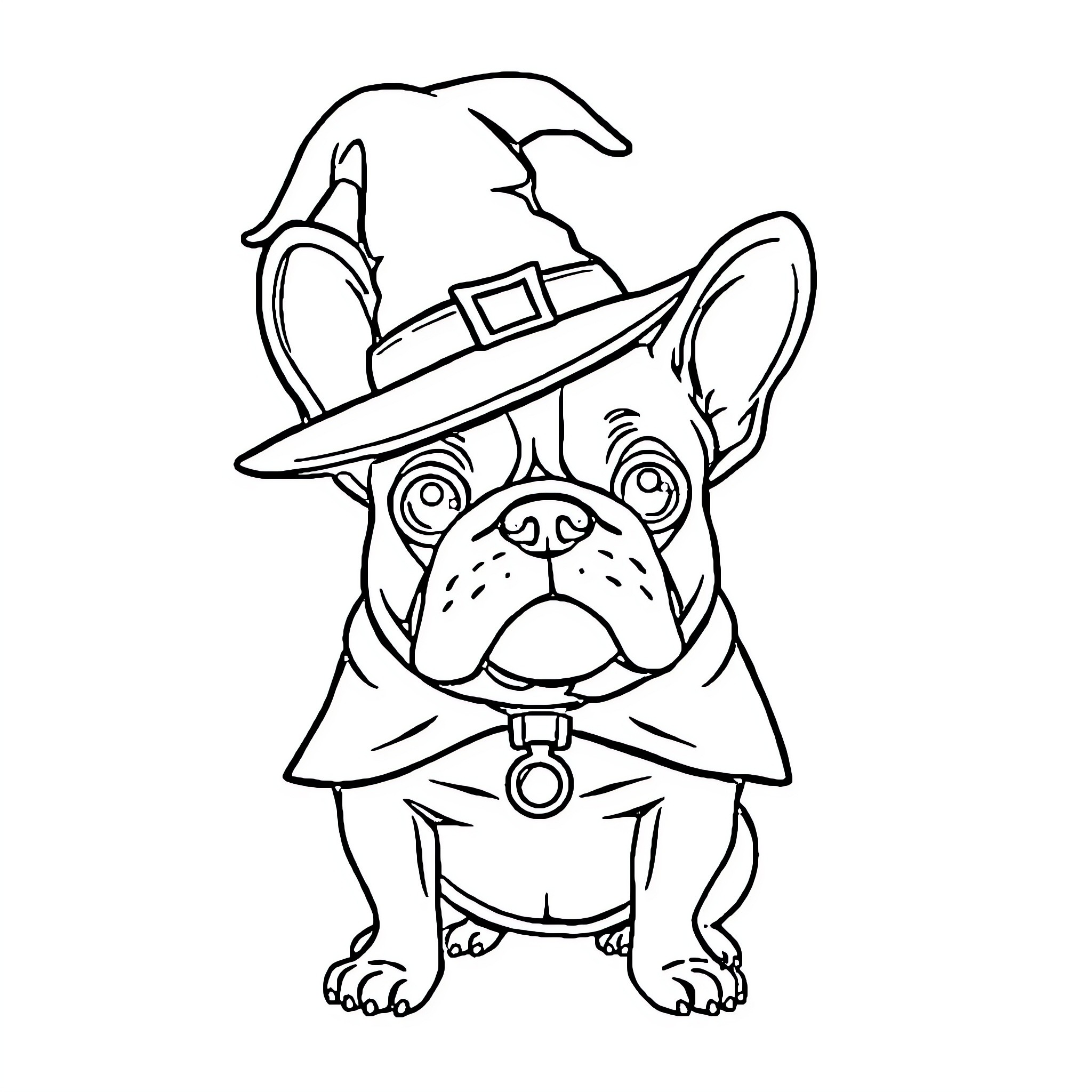 French Bulldog wearing a witch hat and cape Coloring Page (free black-and-white line drawing printable PDF for all, from beginners to advanced learners, including children, teens, adults, and seniors)