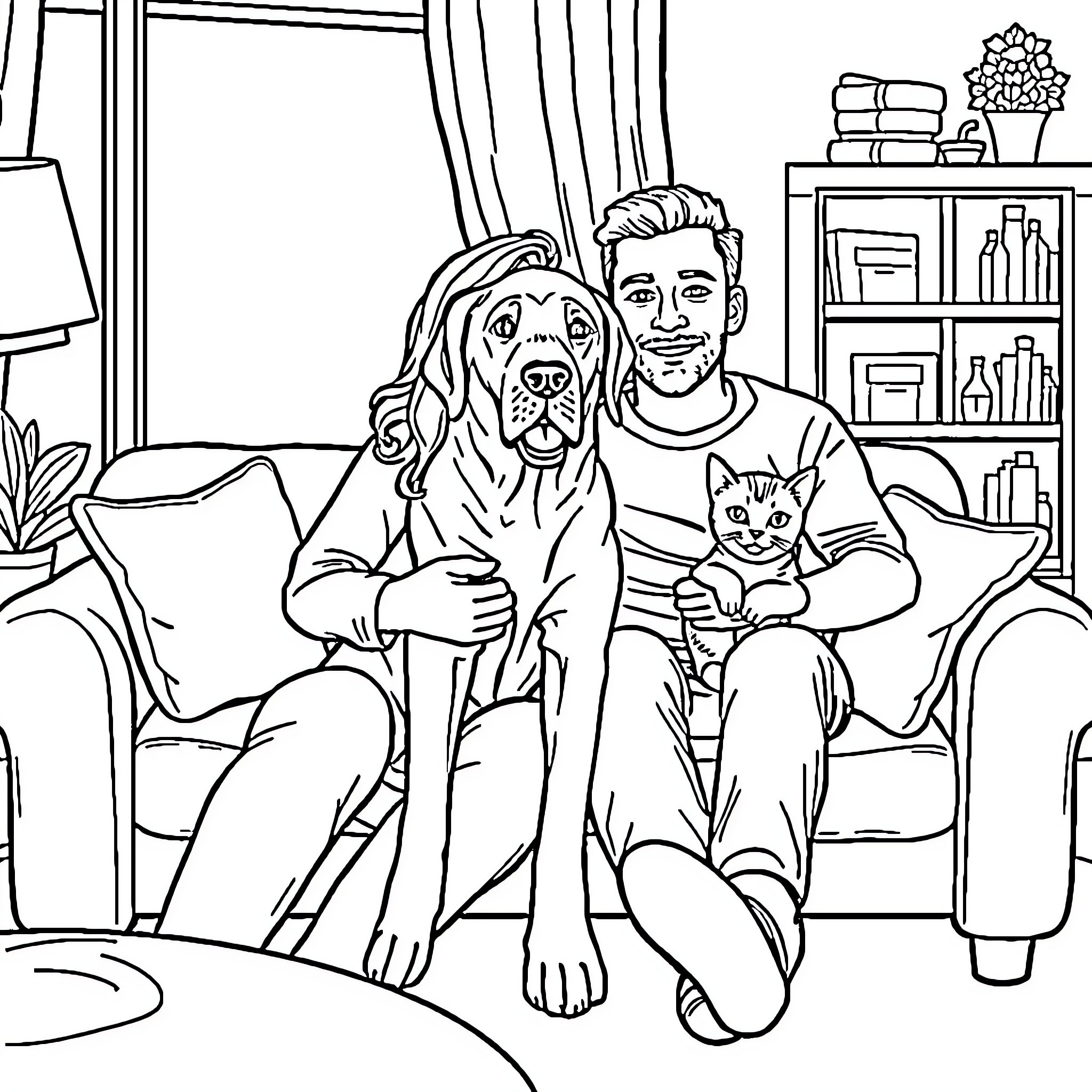 Couple relaxing with their pets at home Coloring Page (free black-and-white line drawing printable PDF for all, from beginners to advanced learners, including children, teens, adults, and seniors)