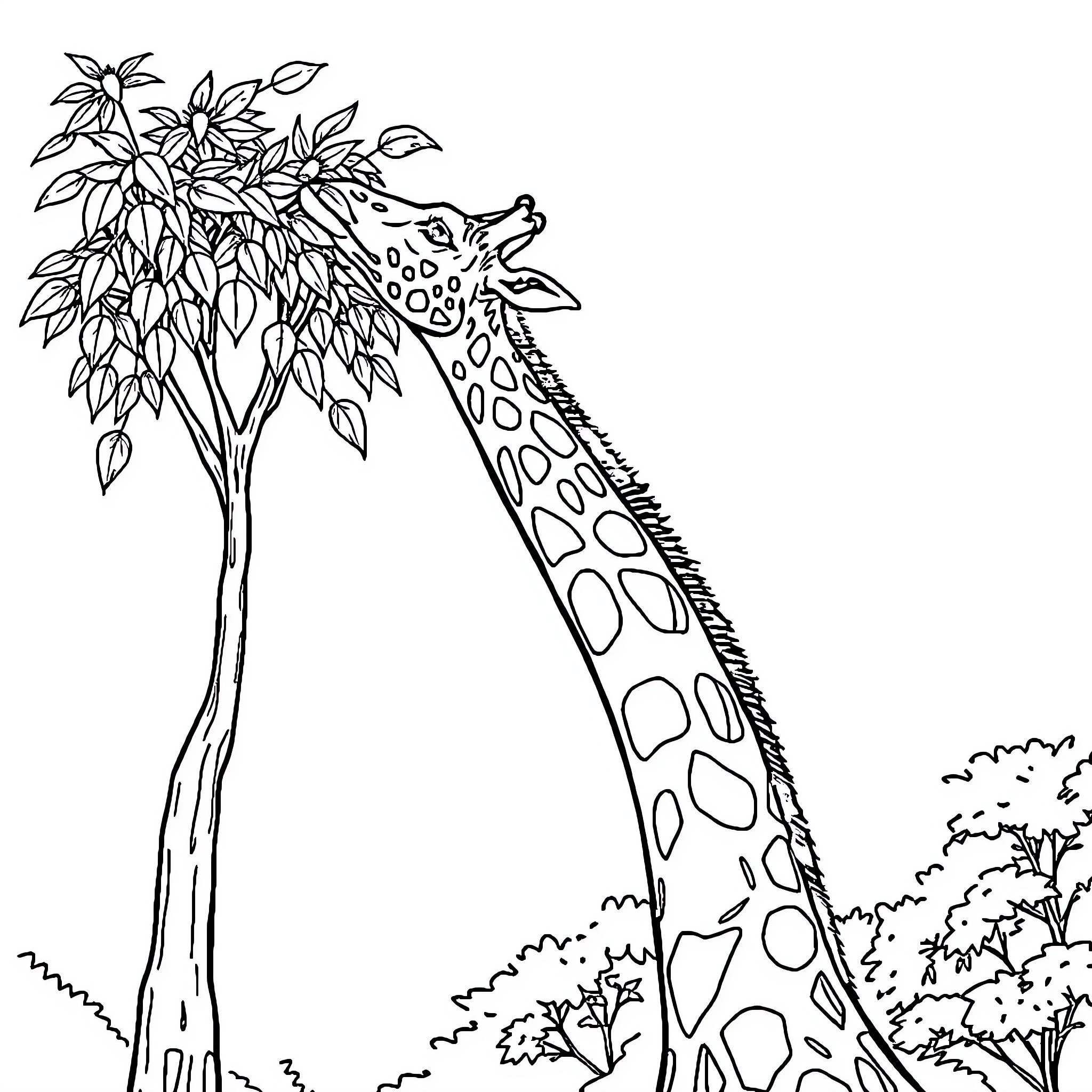 Giraffe enjoying leaves on a tree in the wild Coloring Page (free black-and-white line drawing printable PDF for all, from beginners to advanced learners, including children, teens, adults, and seniors)