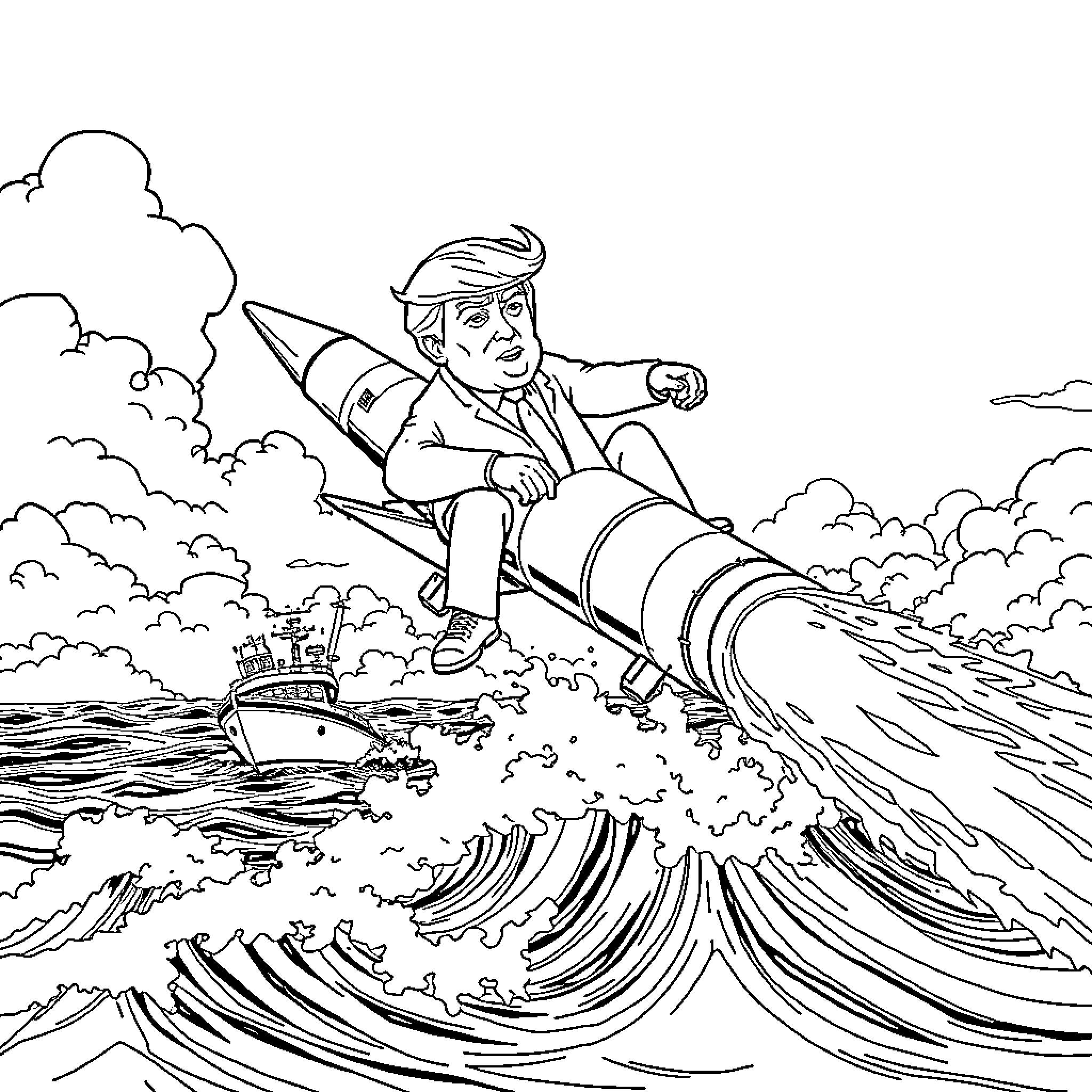 Donald Trump Riding a Rocket Surfing over Turbulent Waters Coloring Page (free black-and-white line drawing printable PDF for all, from beginners to advanced learners, including children, teens, adults, and seniors)