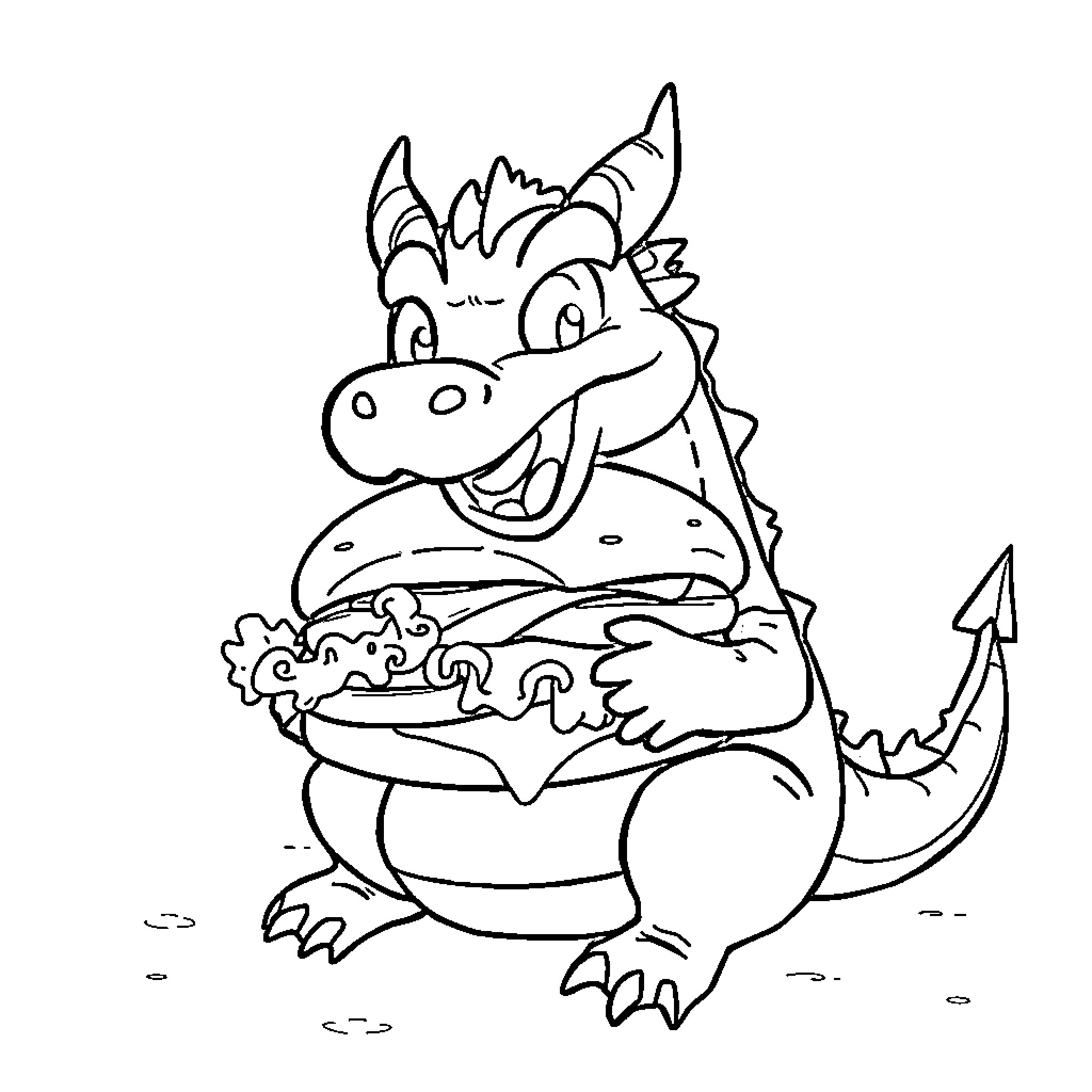 Dragon eating a tasty hamburger Coloring Page (free black-and-white line drawing printable PDF for all, from beginners to advanced learners, including children, teens, adults, and seniors)