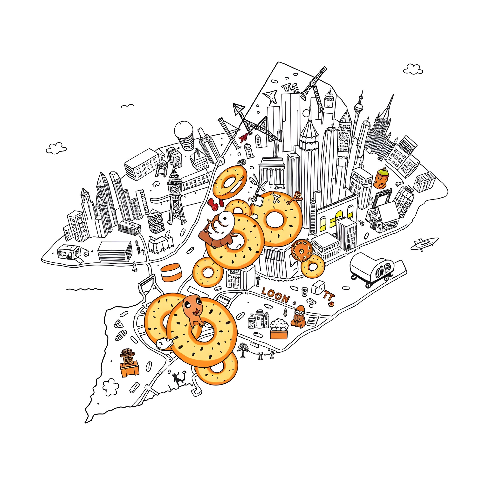 Map of a whimsical cityscape with playful doodles Coloring Page (free black-and-white line drawing printable PDF for all, from beginners to advanced learners, including children, teens, adults, and seniors)
