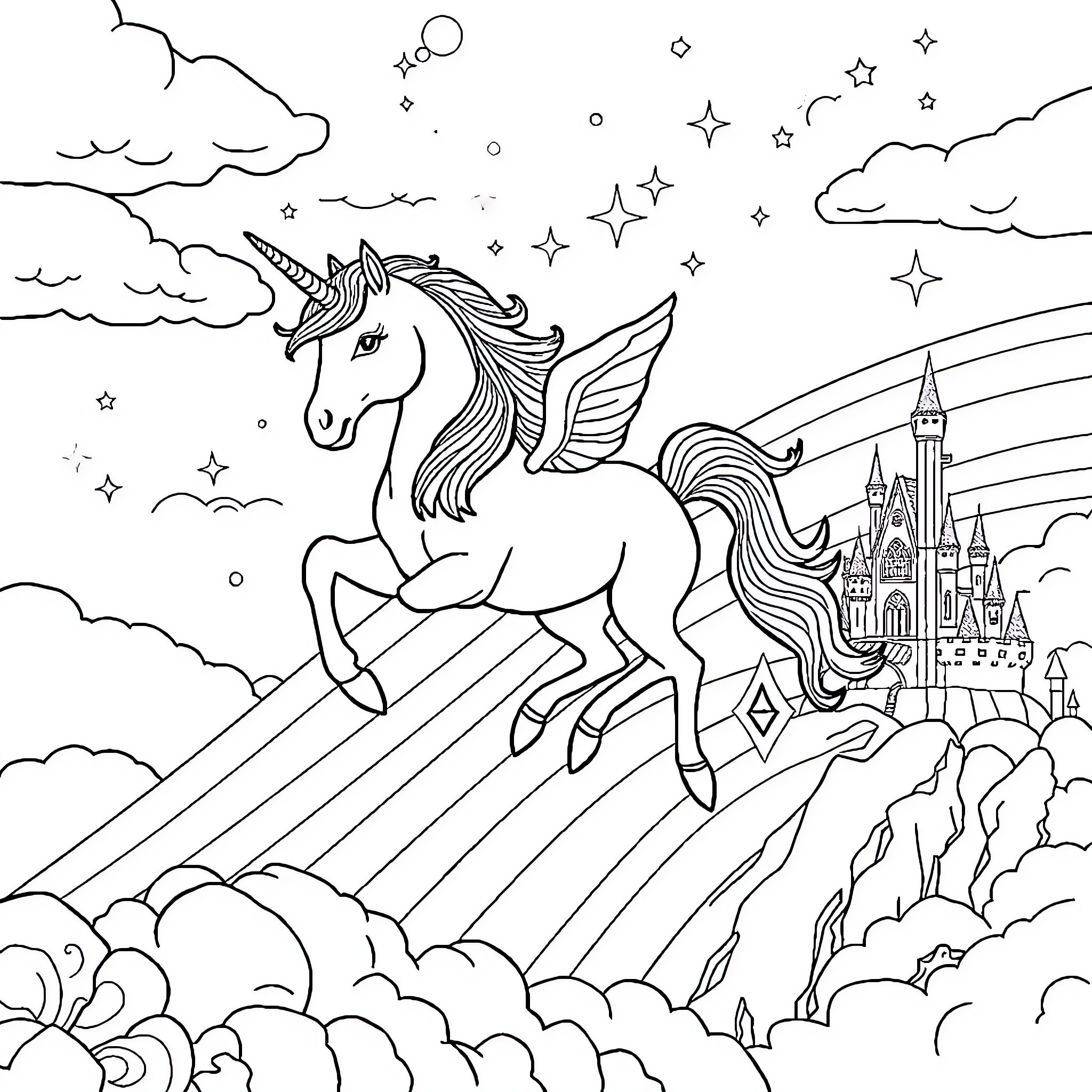 Unicorn soaring through the enchanted night sky Coloring Page (free black-and-white line drawing printable PDF for all, from beginners to advanced learners, including children, teens, adults, and seniors)
