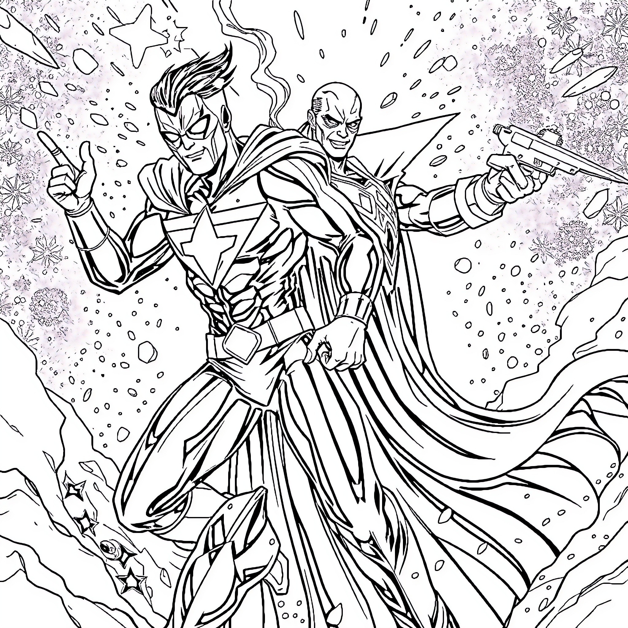 Super Hero Fighting Cosmic Forces in the Cosmos Coloring Page (free black-and-white line drawing printable PDF for all, from beginners to advanced learners, including children, teens, adults, and seniors)